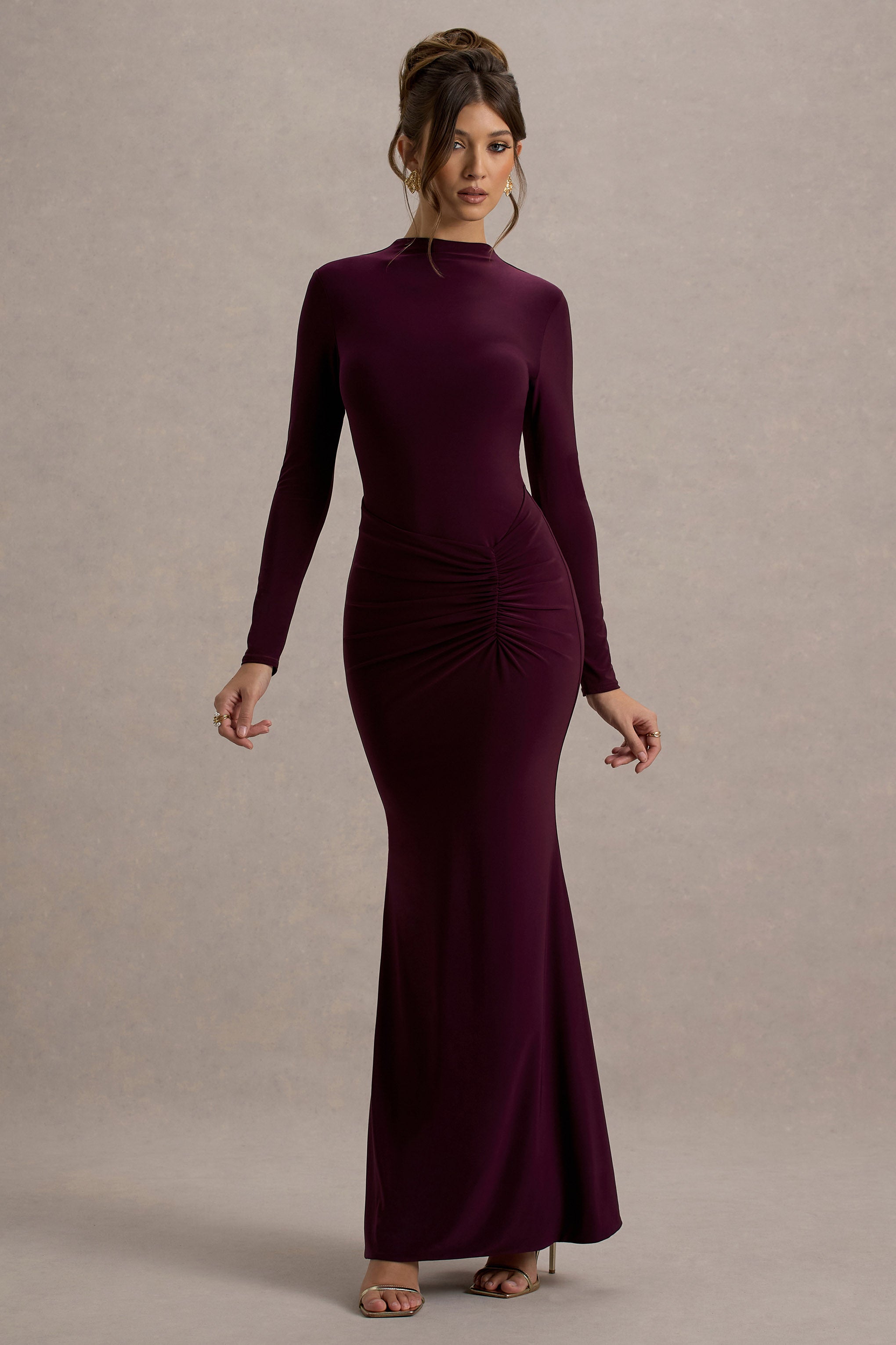 Reid | Plum Long-Sleeve Gathered Maxi Dress-Sowoom