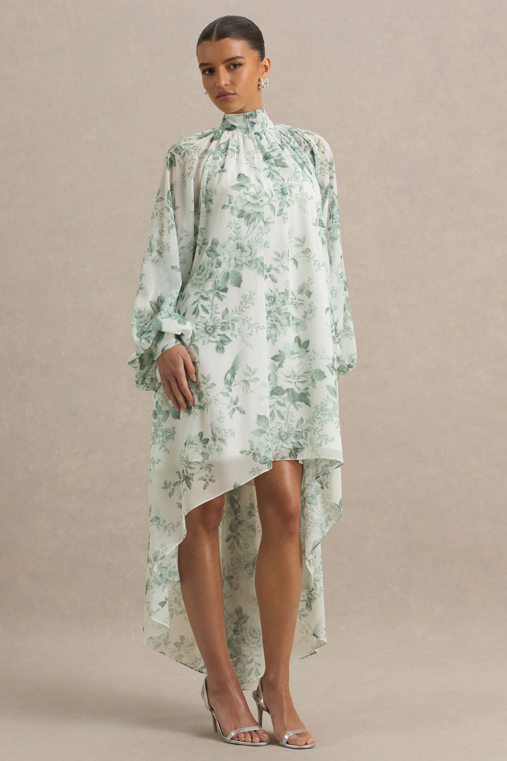 Delphia | Green Floral Print High-Neck Maxi Dress-Sowoom