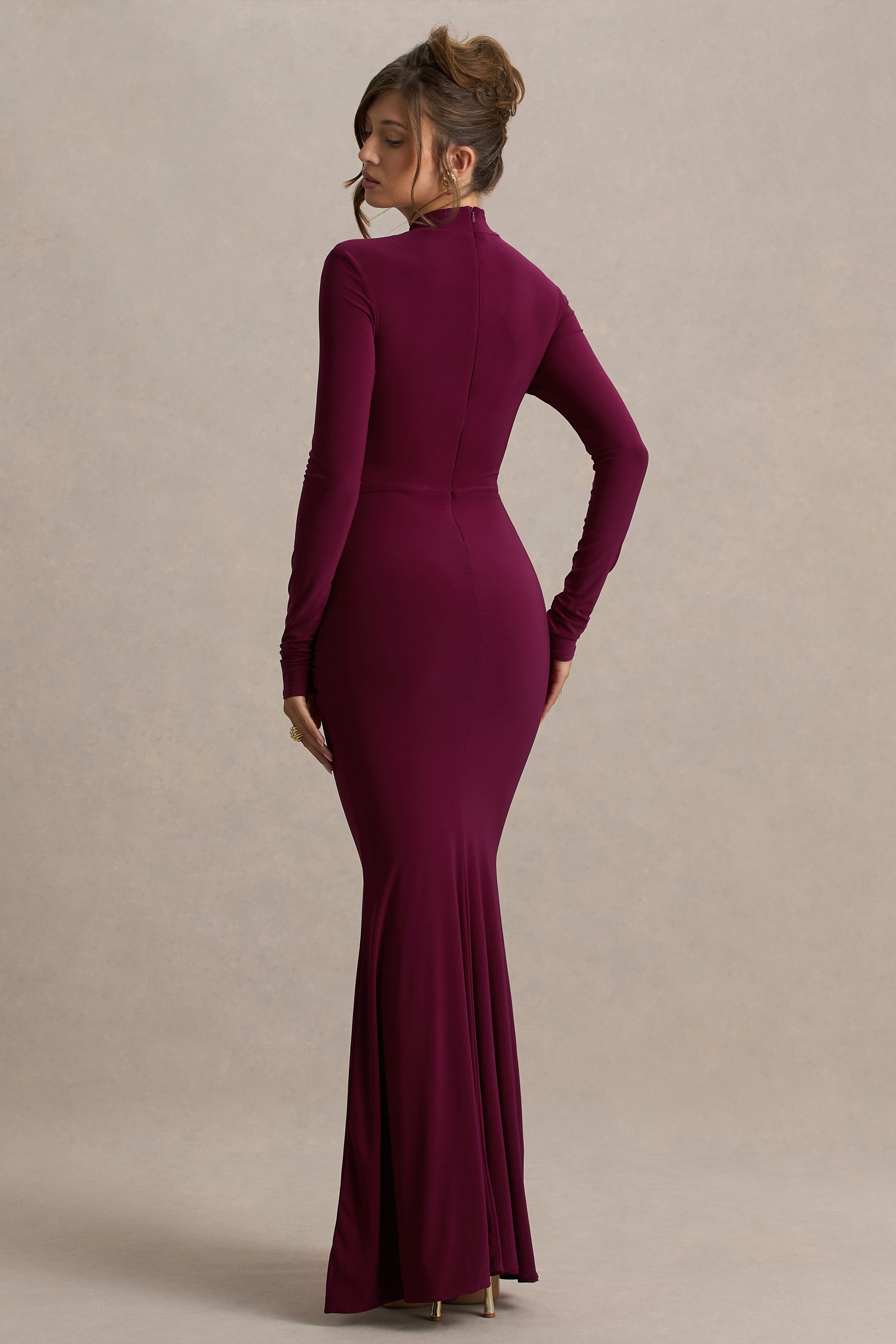Pietra | Berry High-Neck Long Sleeve Knot Maxi Dress-Sowoom