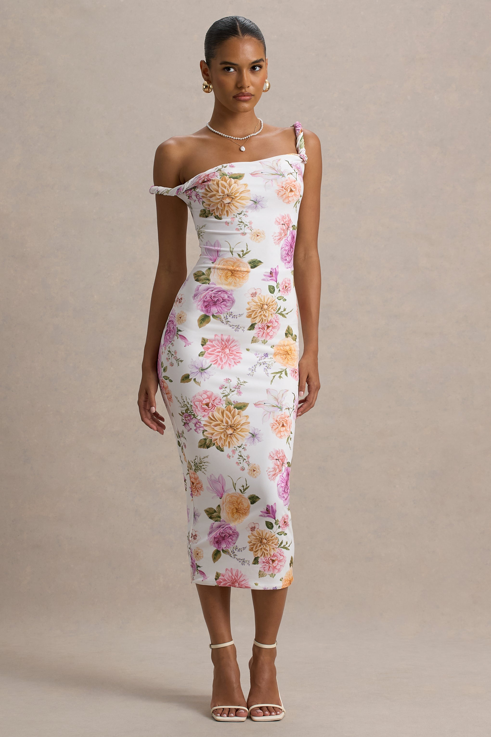 Nora | Peach And Lilac Floral Twisted Asymmetric Midi Dress-Sowoom