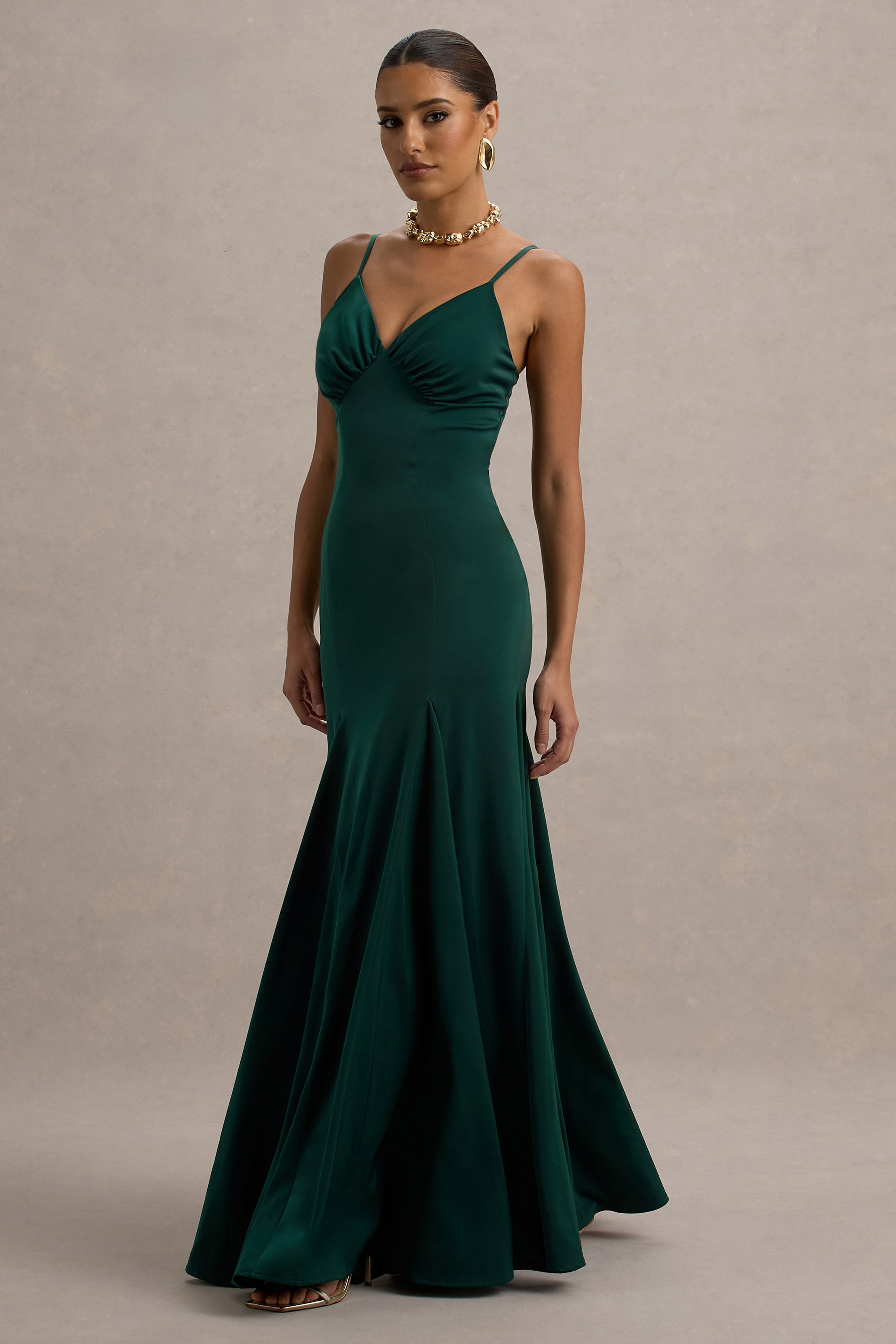 Ashly | Bottle Green Satin Maxi Dress With Volume Hem-Sowoom