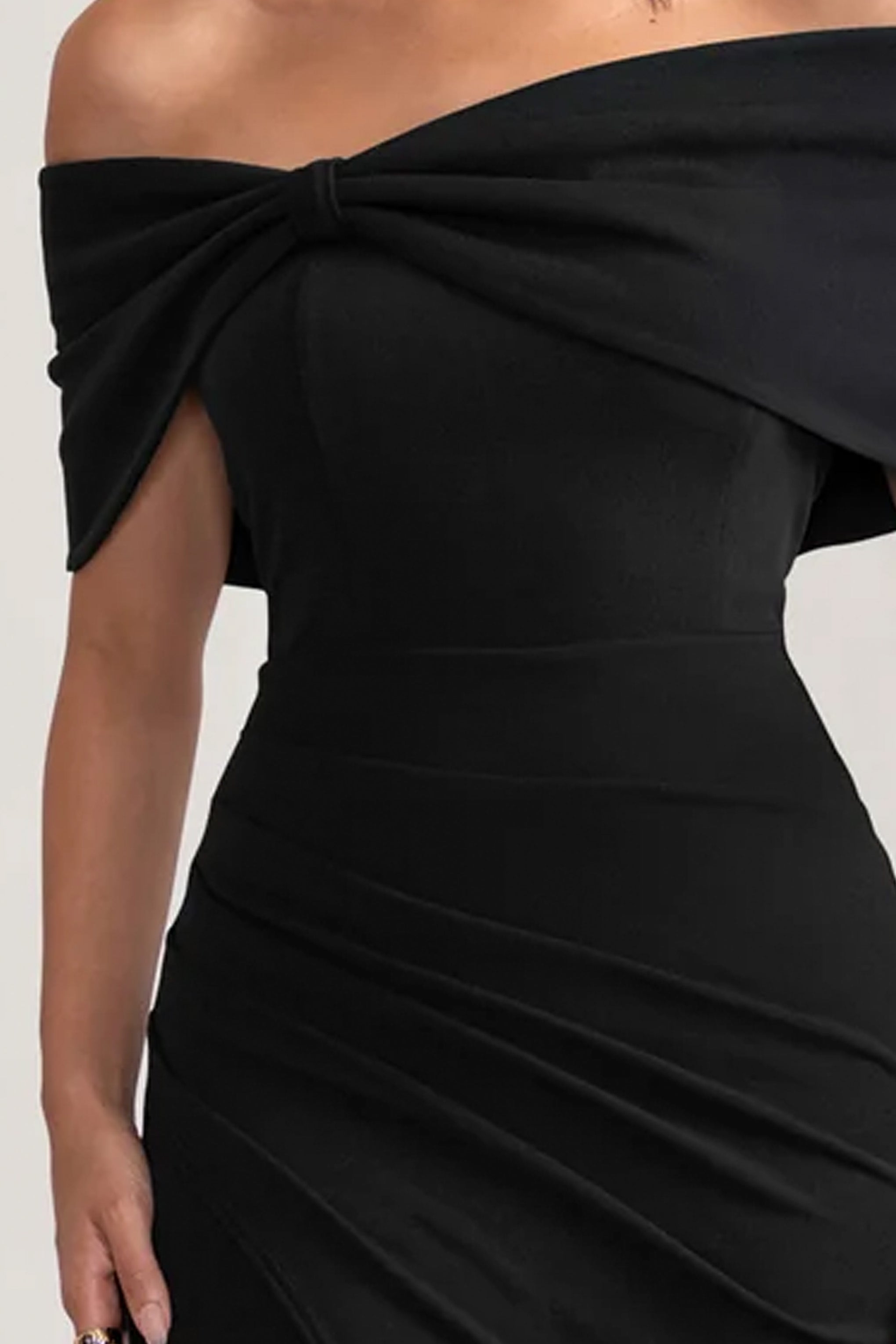 Eva | Black Bardot Bow Detail Maxi Dress With Thigh Split-Sowoom