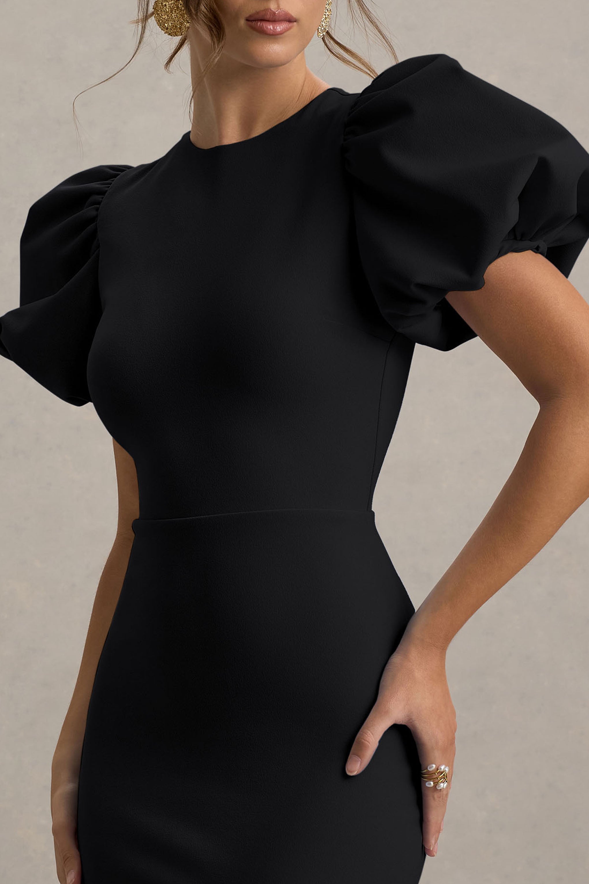 Dakota | Black Puff-Sleeve Midi Dress-Sowoom