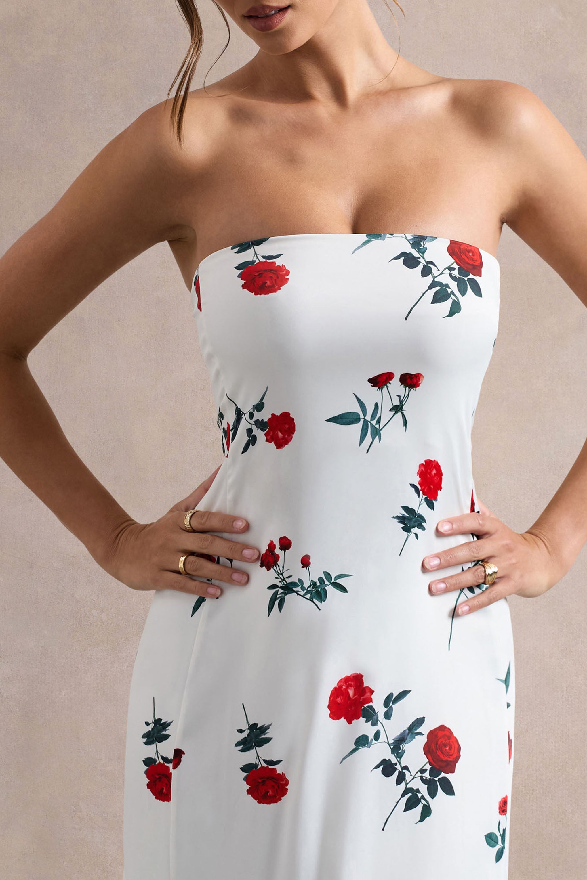 Azra | Rose Print Satin Bandeau Maxi Dress-Sowoom