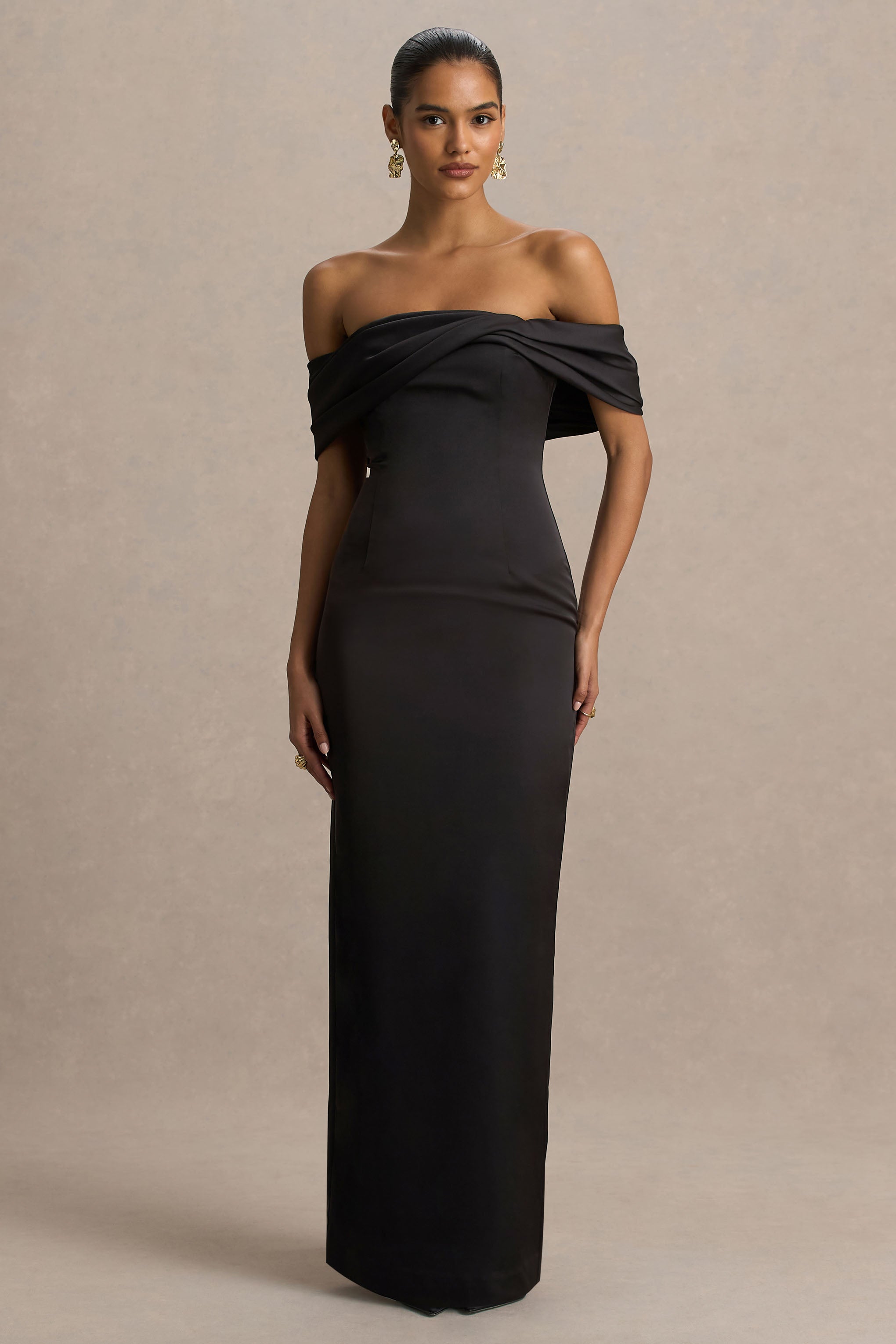 Valeria | Black Satin Twist-Bardot Neck Maxi Dress-Sowoom