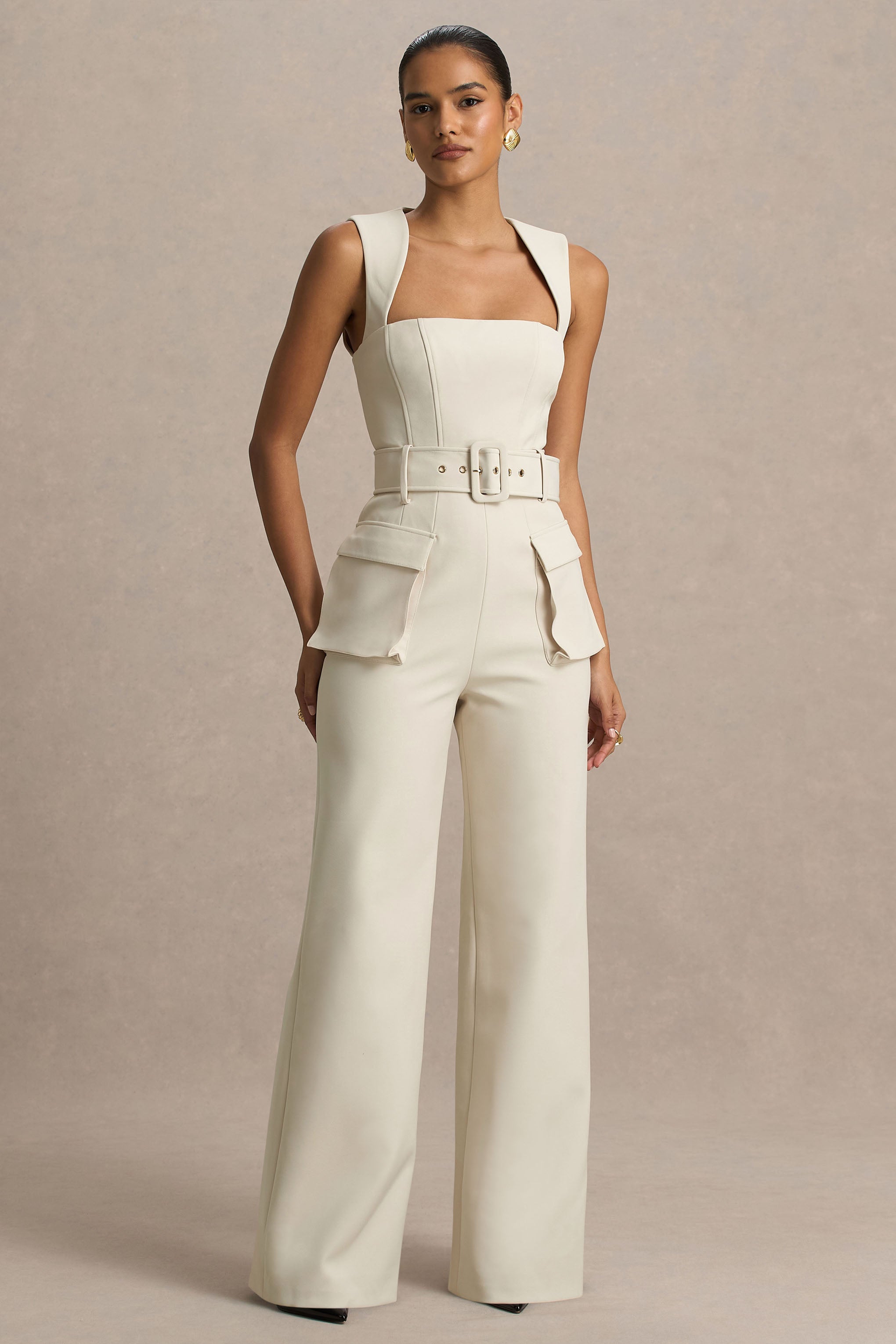 Solice | Cream Square-Neck Tailored Jumpsuit-Sowoom