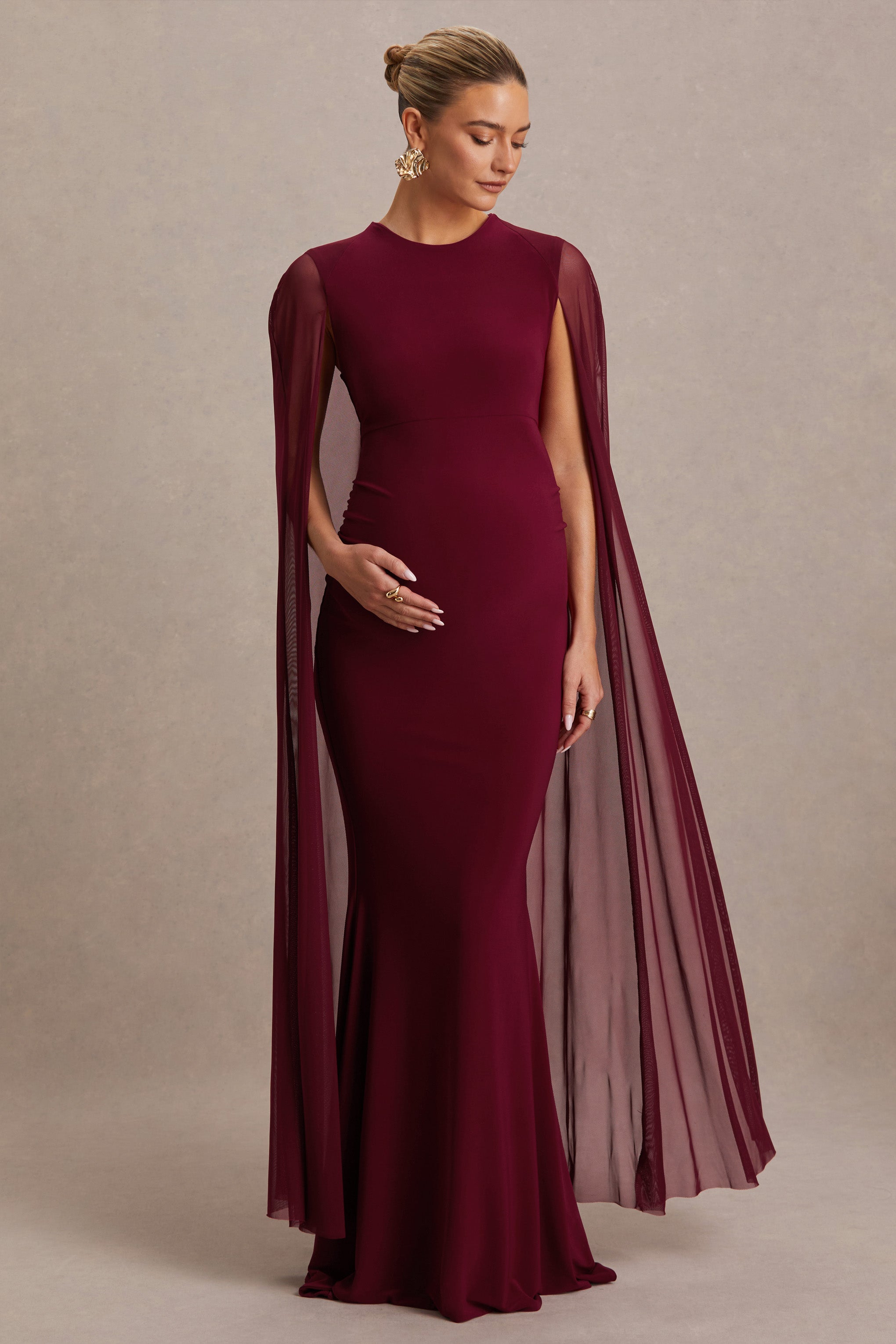 Currant | Berry High-Neck Maternity Maxi Dress With Cape-Sowoom