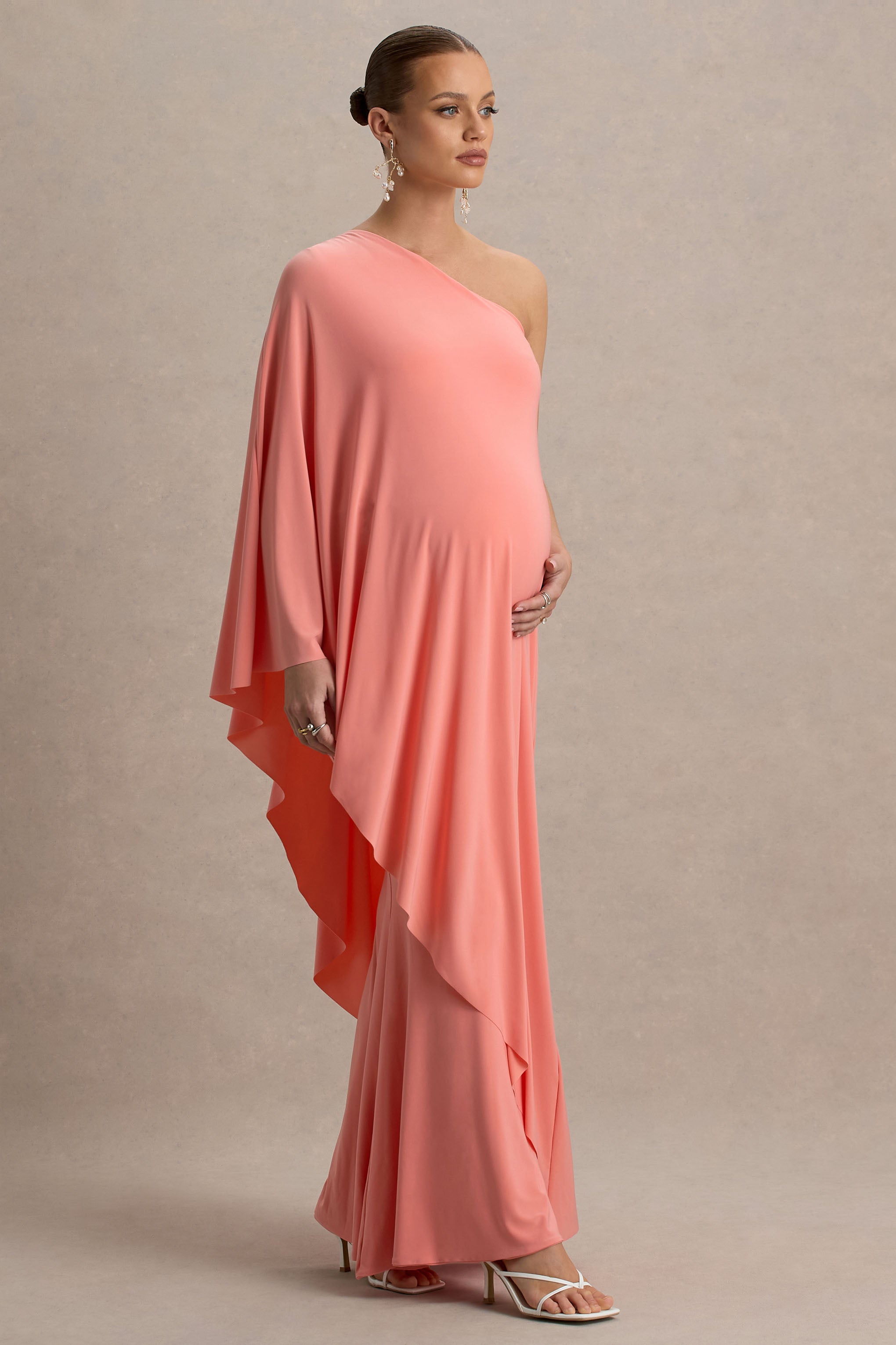 Waves | Coral Asymmetric Maternity Maxi Dress With One-Sleeve Cape-Sowoom