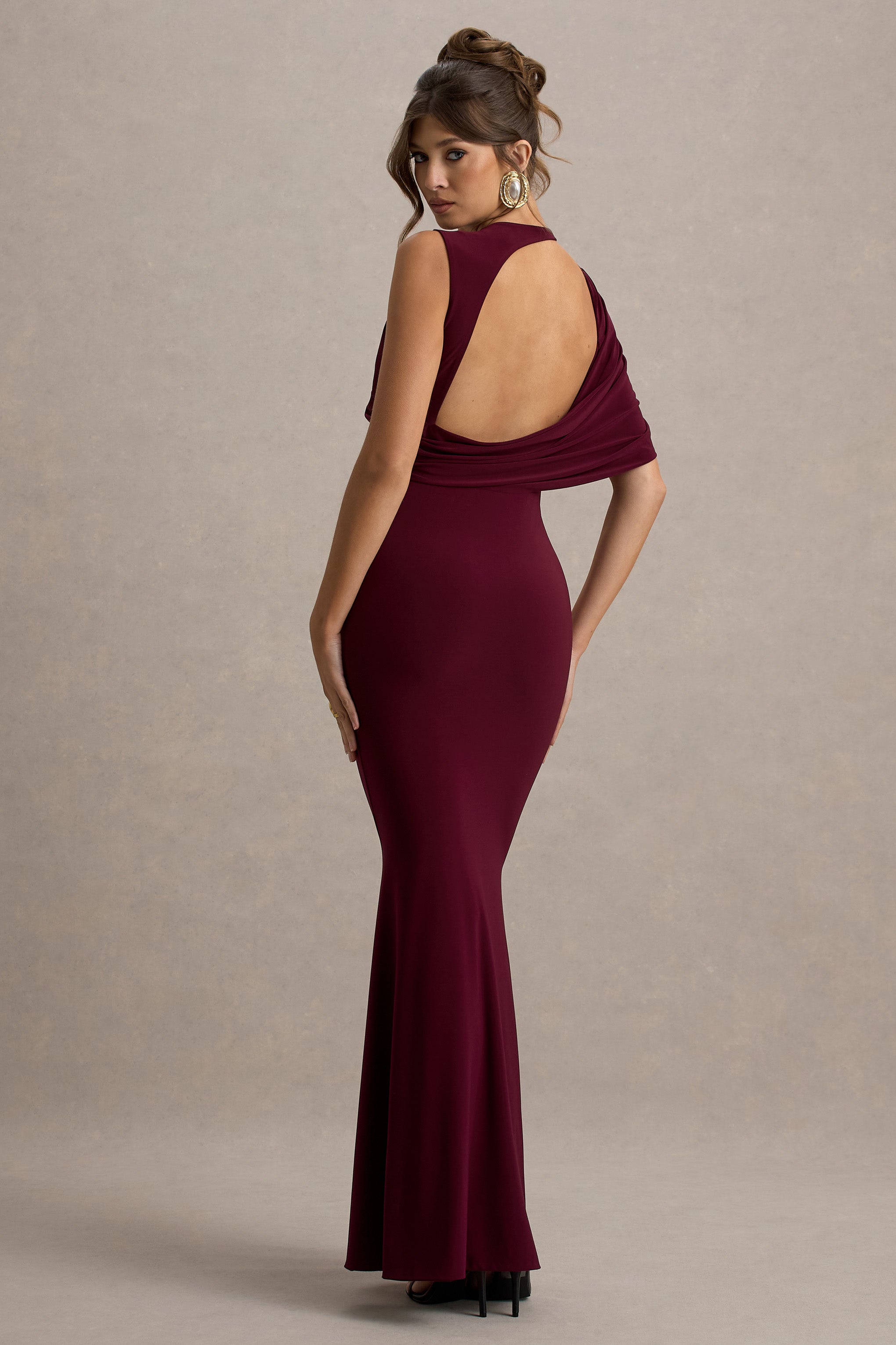 Rae | Burgundy Maxi Dress With One-Sleeve Cape-Sowoom