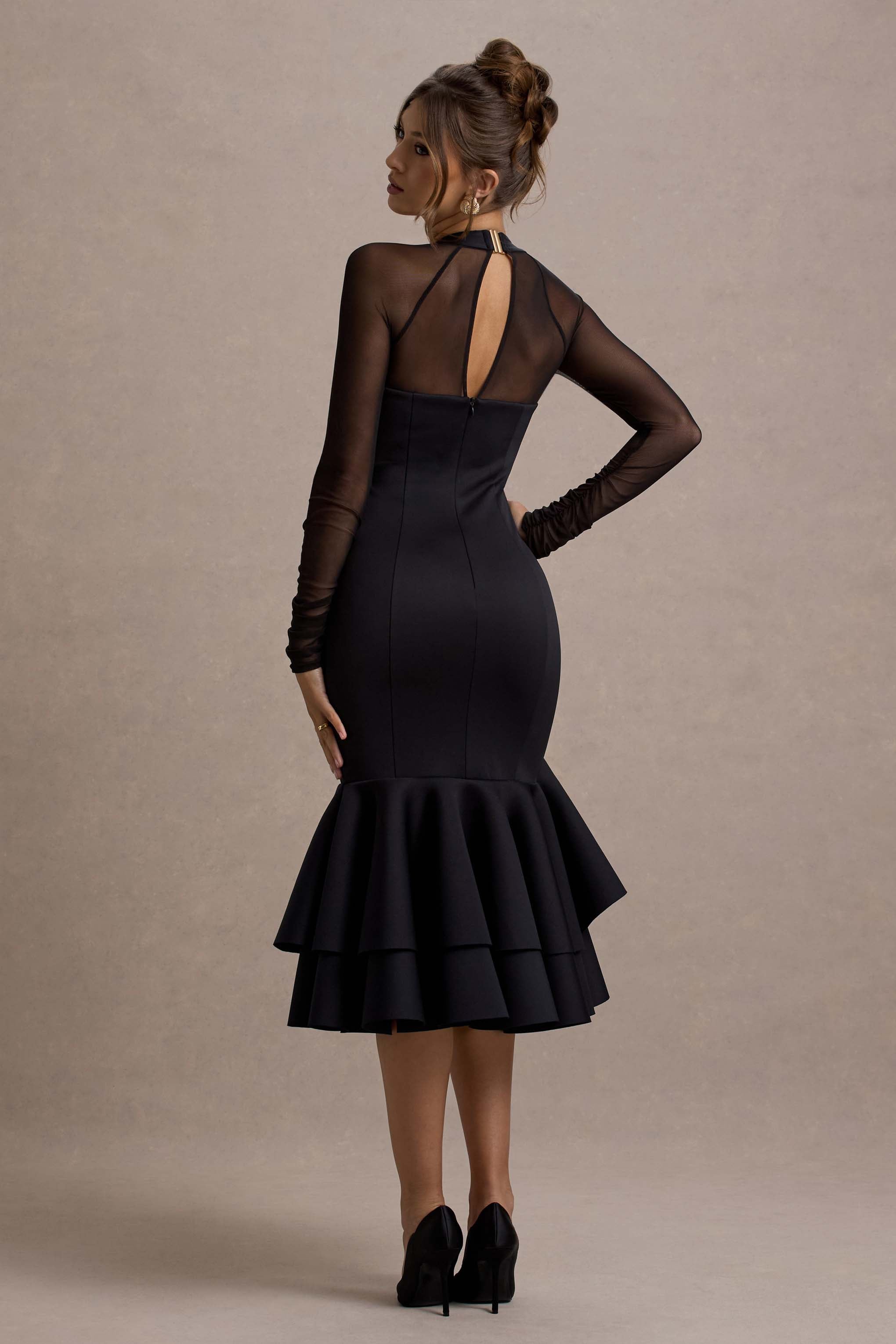 Sander | Black Mesh Long-Sleeve Ruffle-Hem Midi Dress-Sowoom