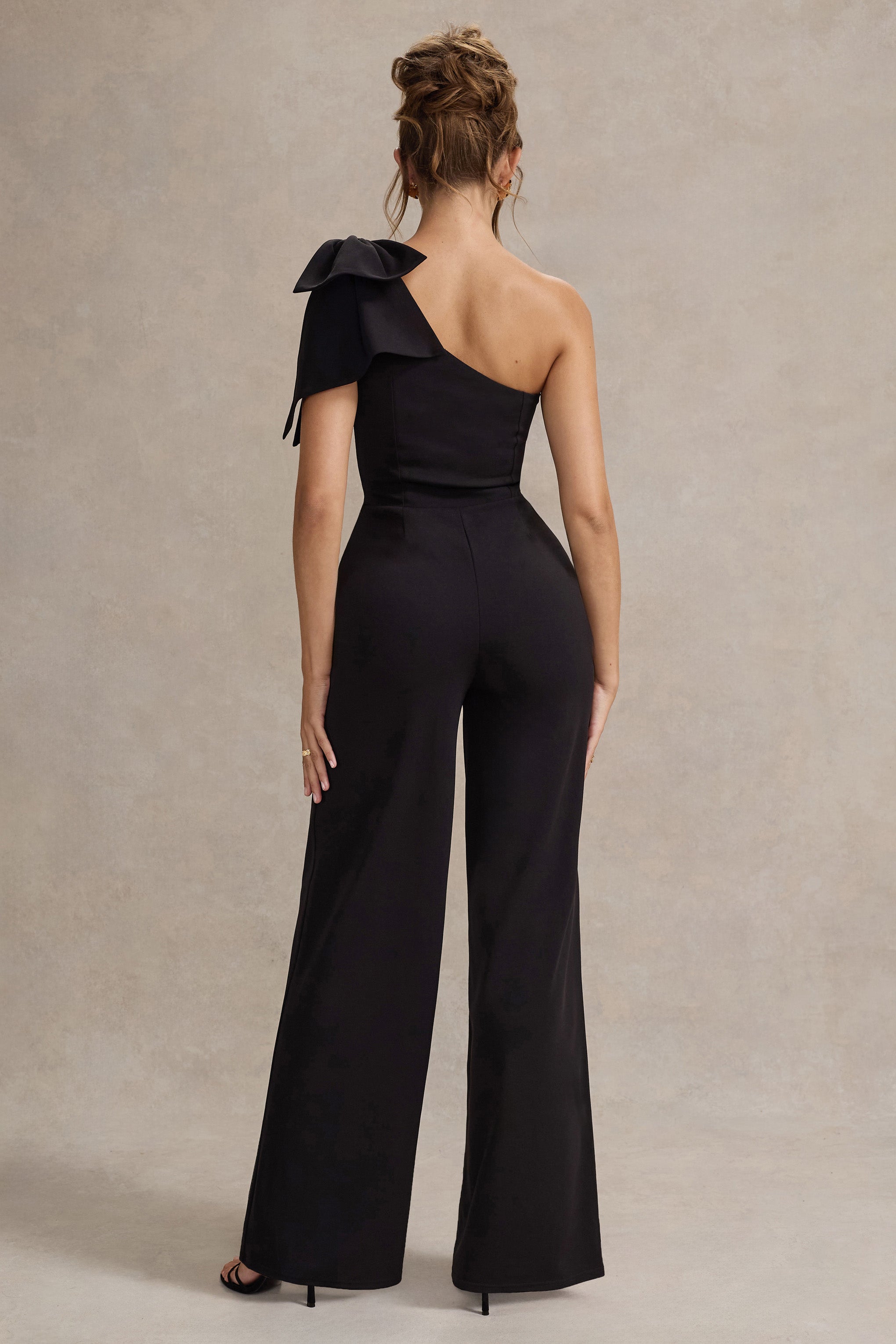 Orilla | Black One-Shoulder Wide-Leg Jumpsuit With Bow-Sowoom