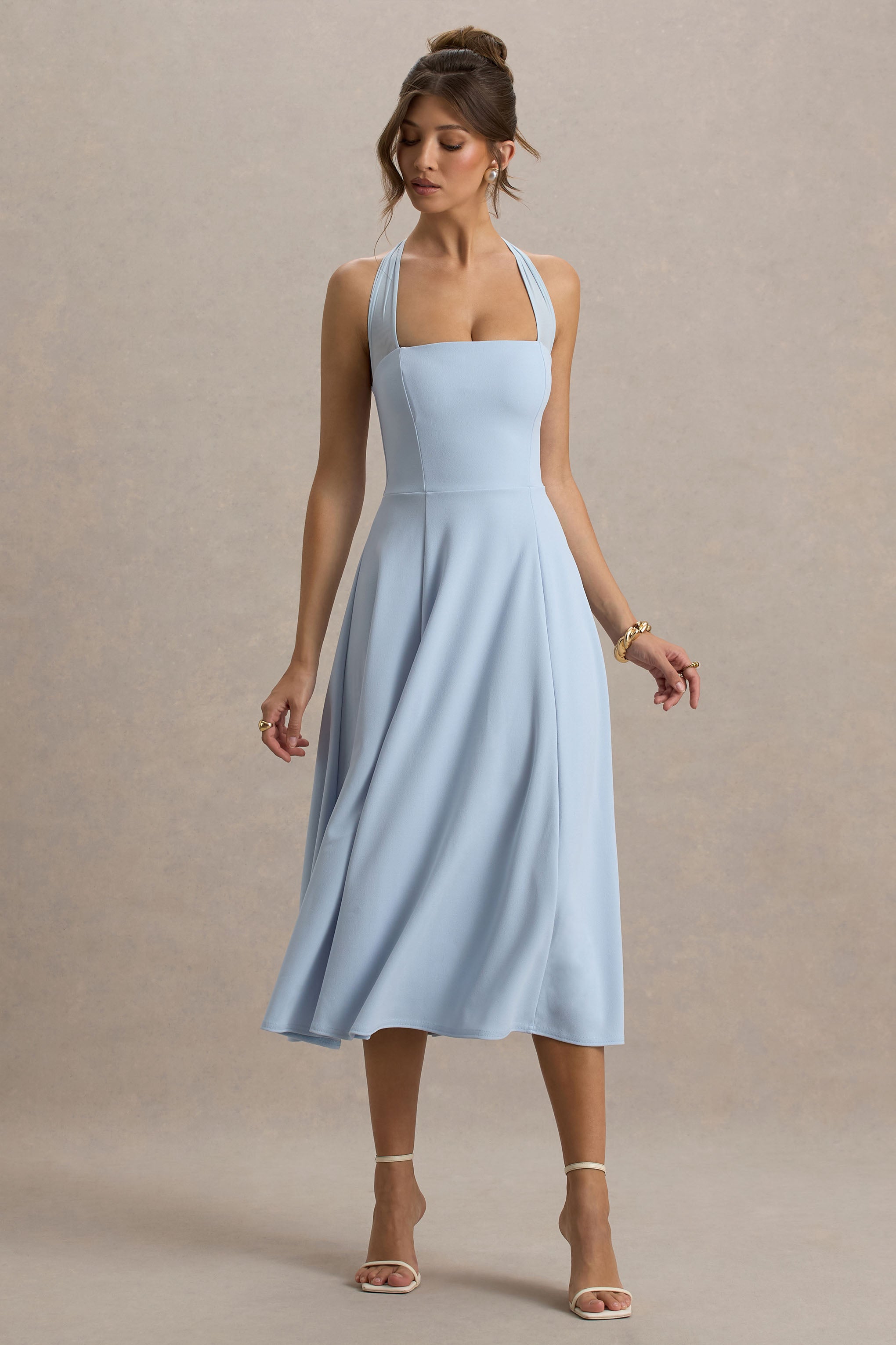 Auburn | Powder Blue Halter-Neck Midi Dress-Sowoom