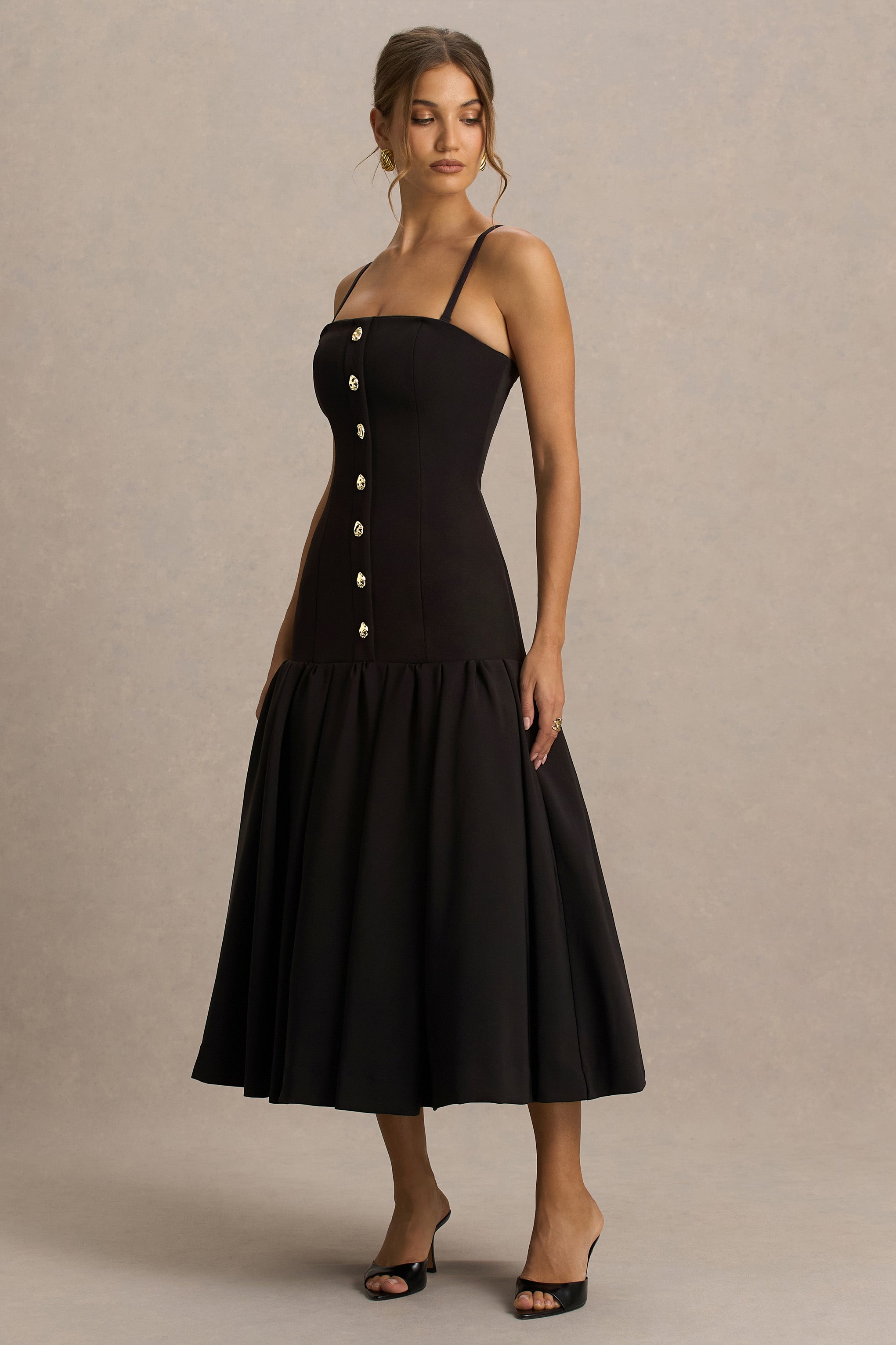 Briella | Black Bandeau Midi Dress With Gold-Button Detailing-Sowoom