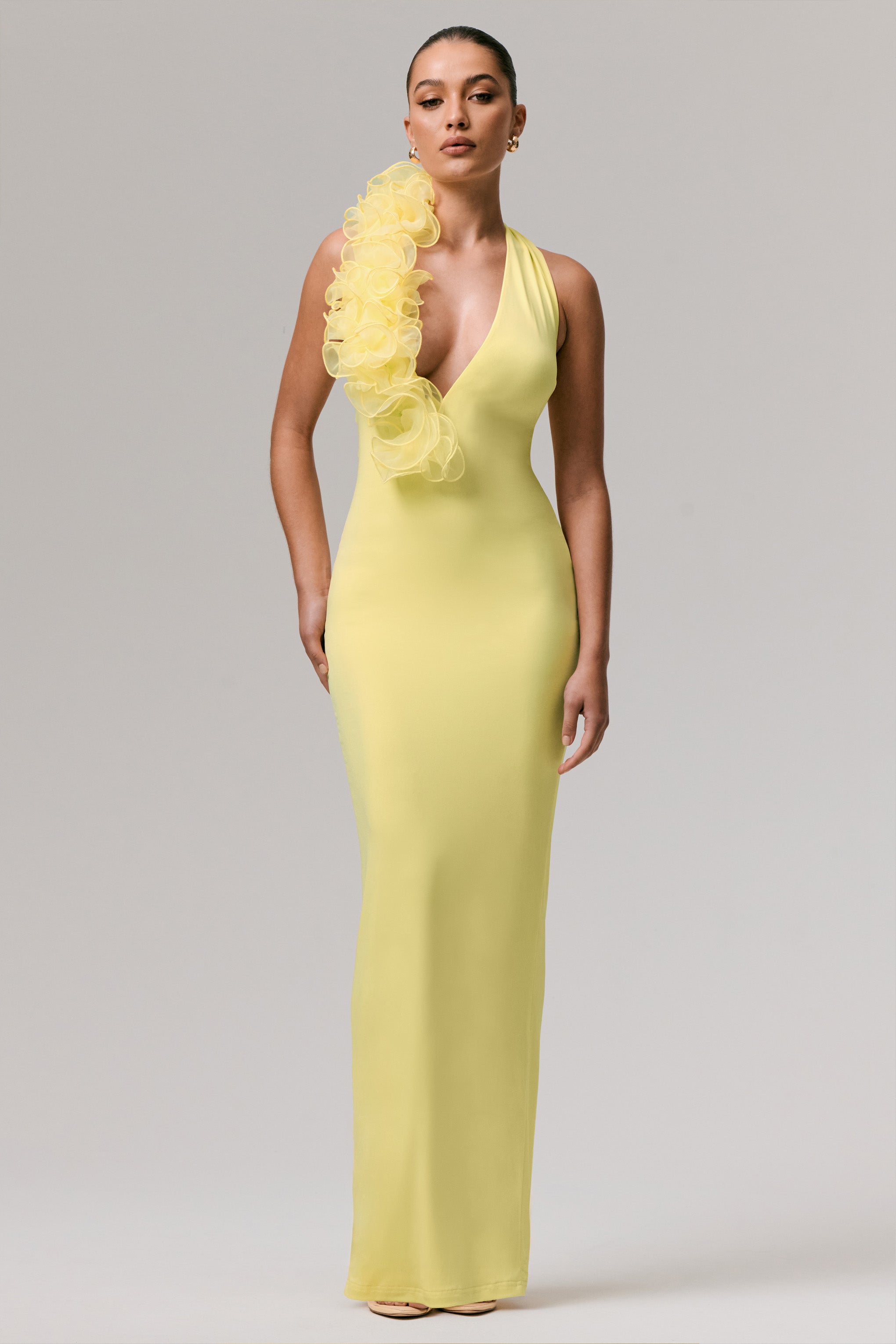 Harriet | Lemon Plunge-Neck Maxi Dress With Floral Detail-Sowoom