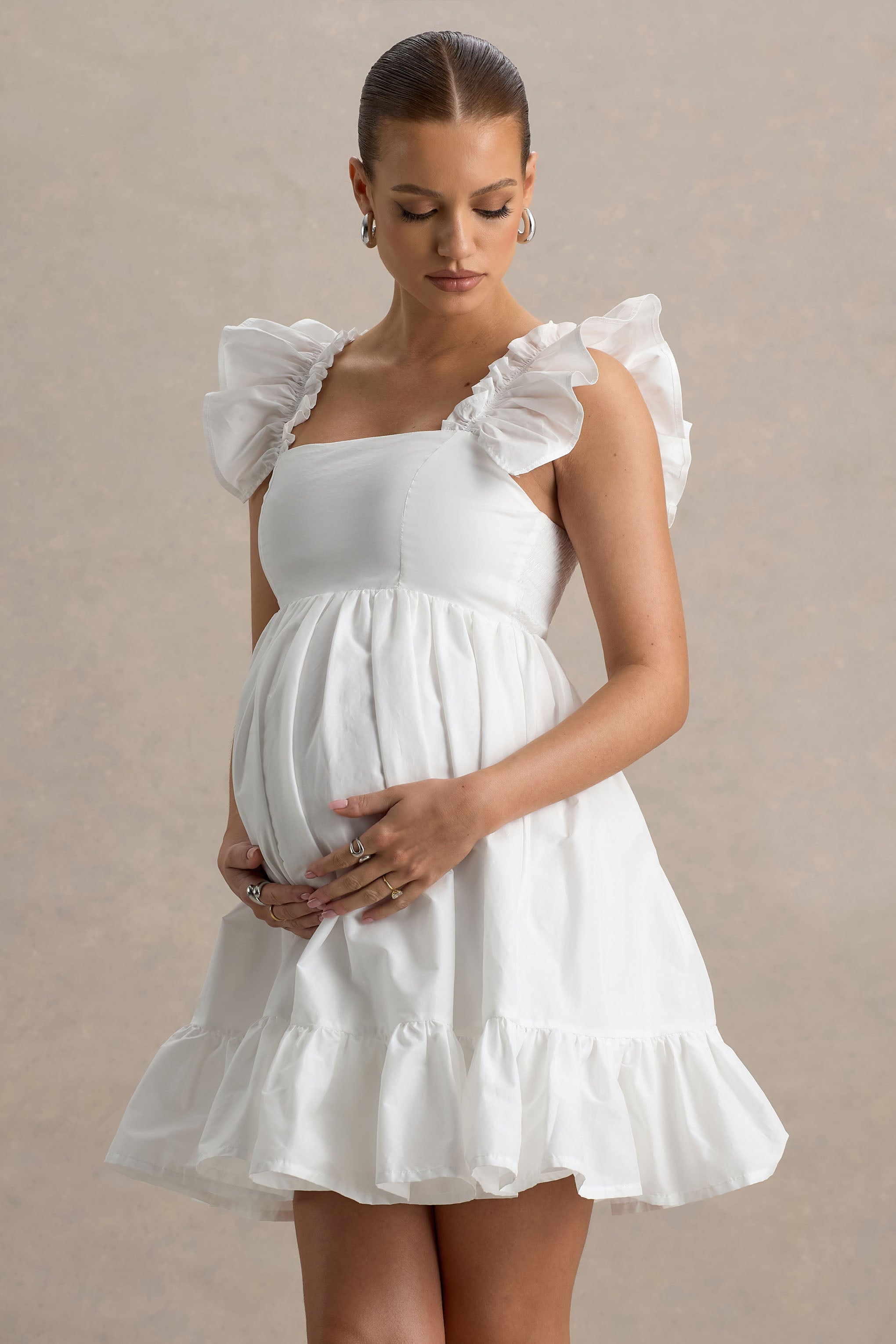 Dolly Daze | White Ruffle Sleeve Babydoll Maternity Mini Dress-Sowoom