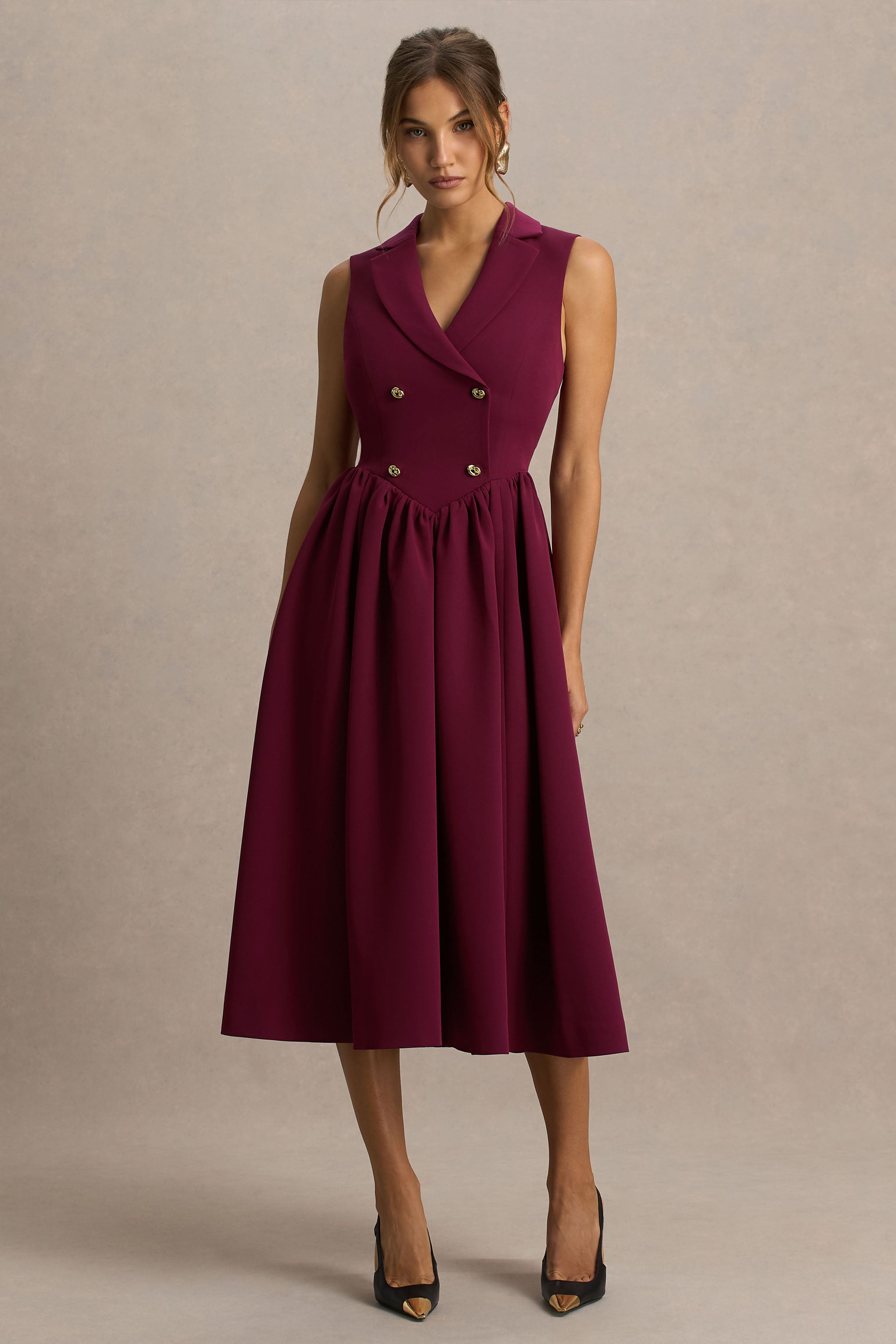 Lisa | Burgundy Plunge-Neck Tailored Midi Dress With Button-Detailing-Sowoom