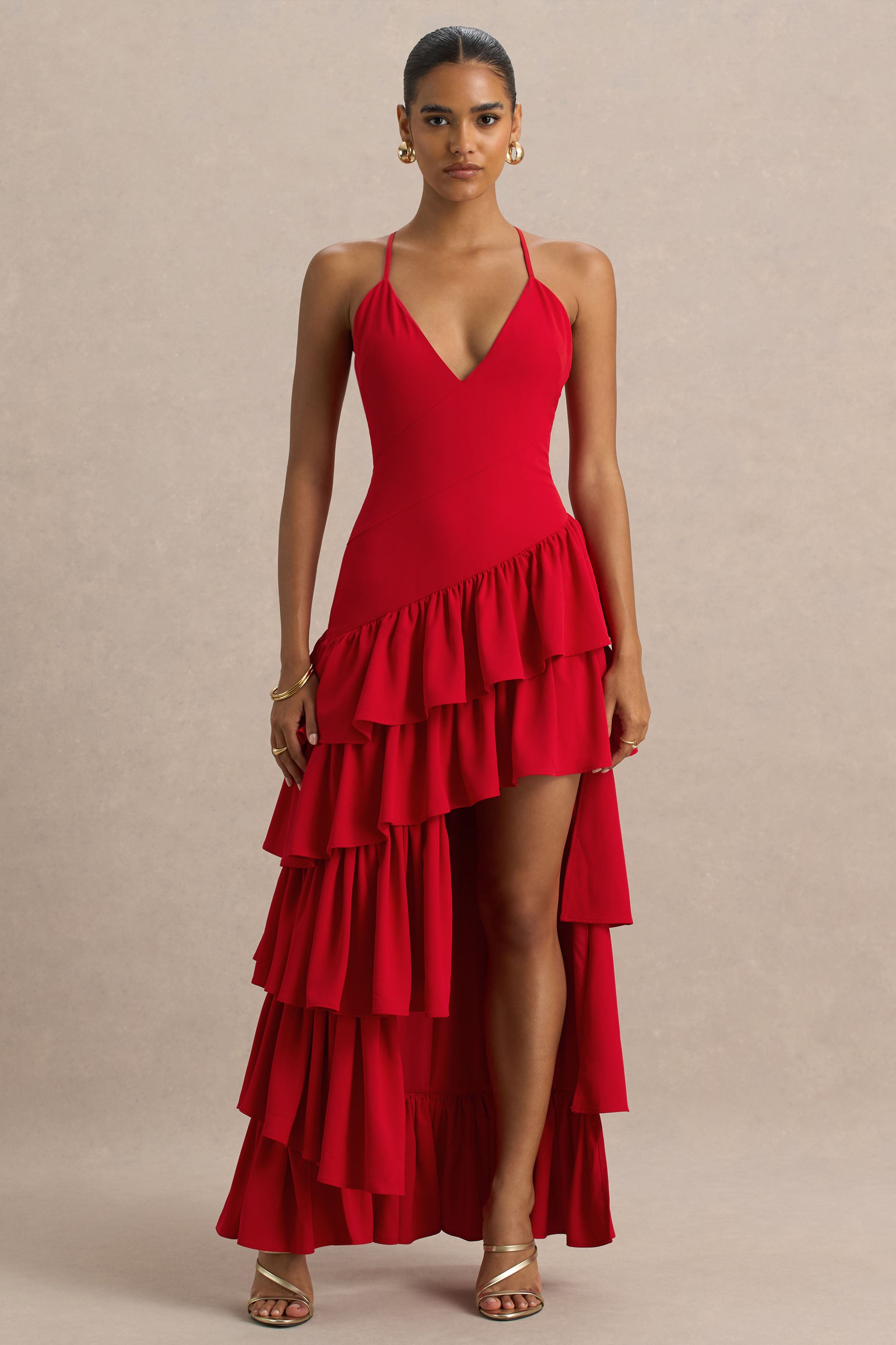 Bogota | Red Plunge-Neck Maxi Dress With Ruffling Details And Front High Split-Sowoom