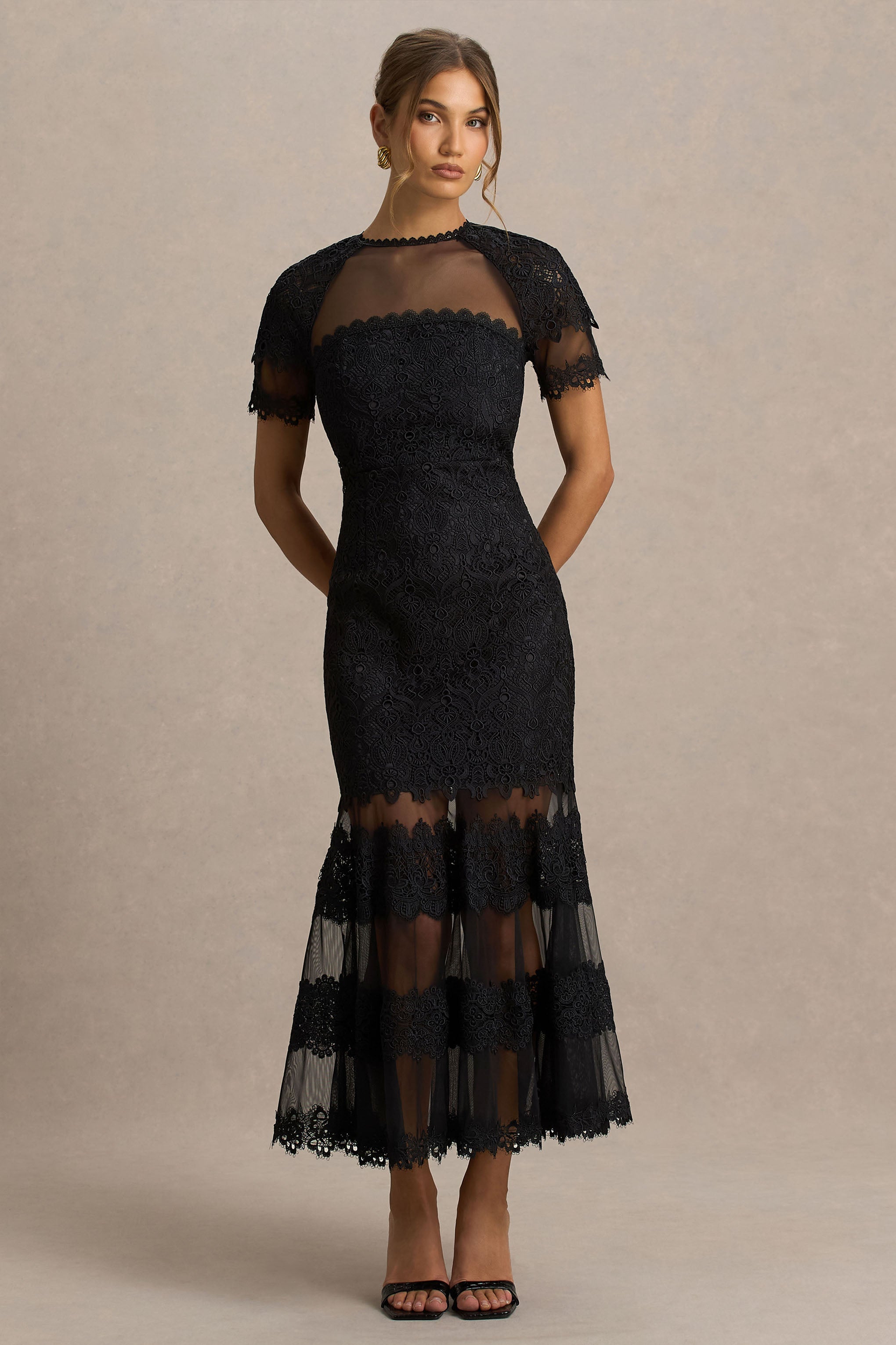 Leanne | Black Mesh And Lace Crew-Neck Fishtail Midi Dress-Sowoom