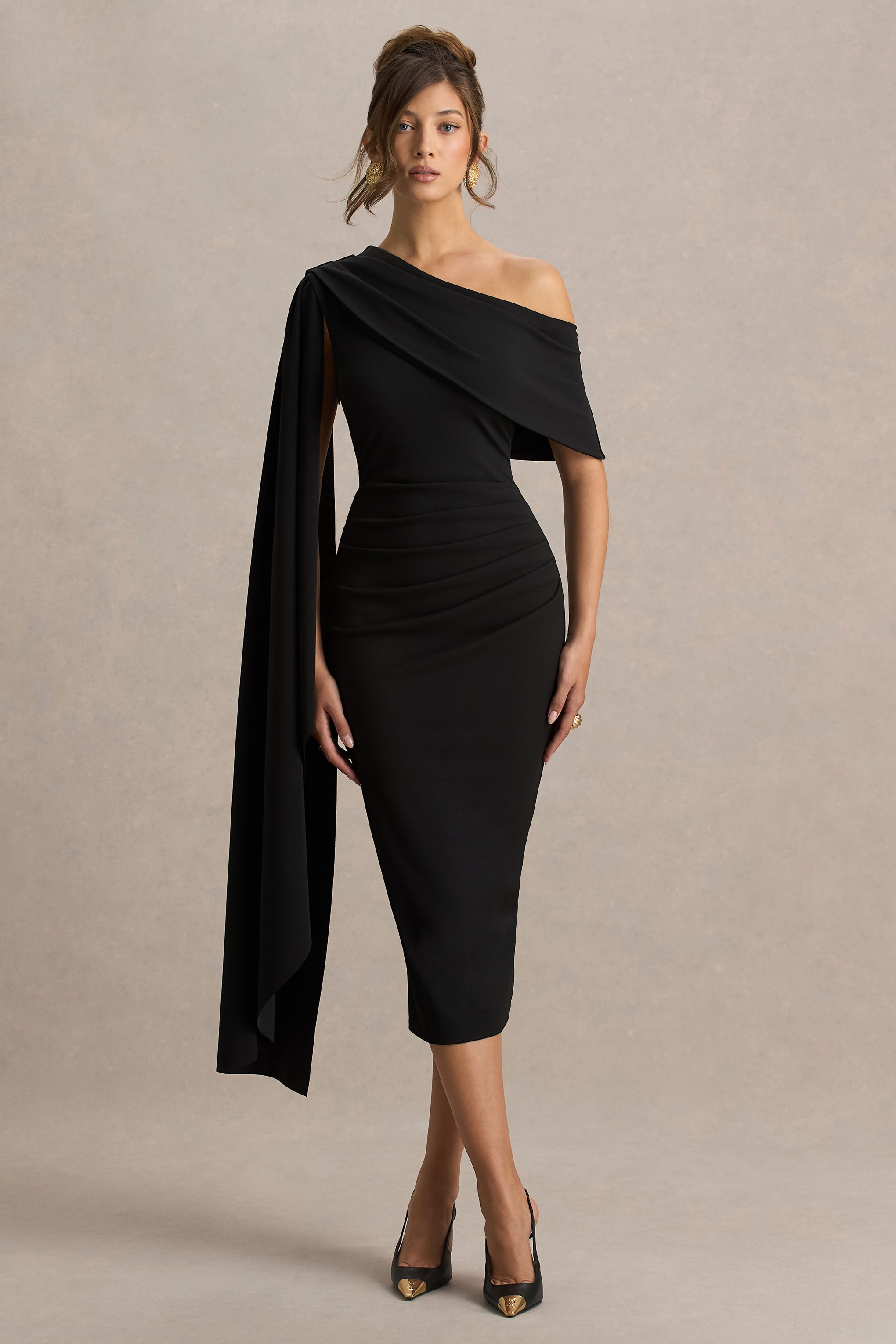 Leah | Black Asymmetric-Neck Midi Dress With Cape-Sleeve-Sowoom