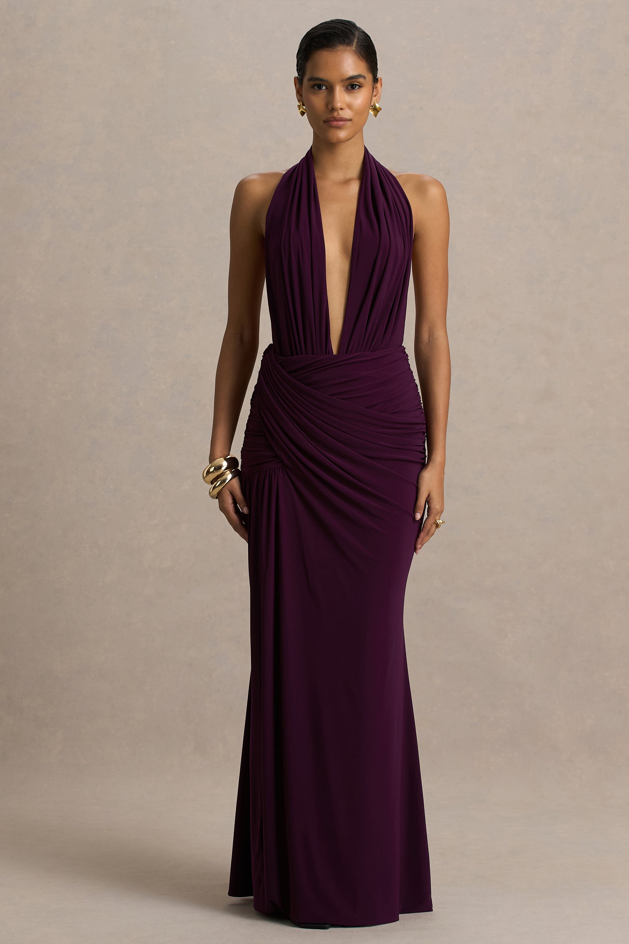 Tilly | Burgundy Extreme Plunge-Neck Maxi Dress With Wrap And Ruched Details-Sowoom