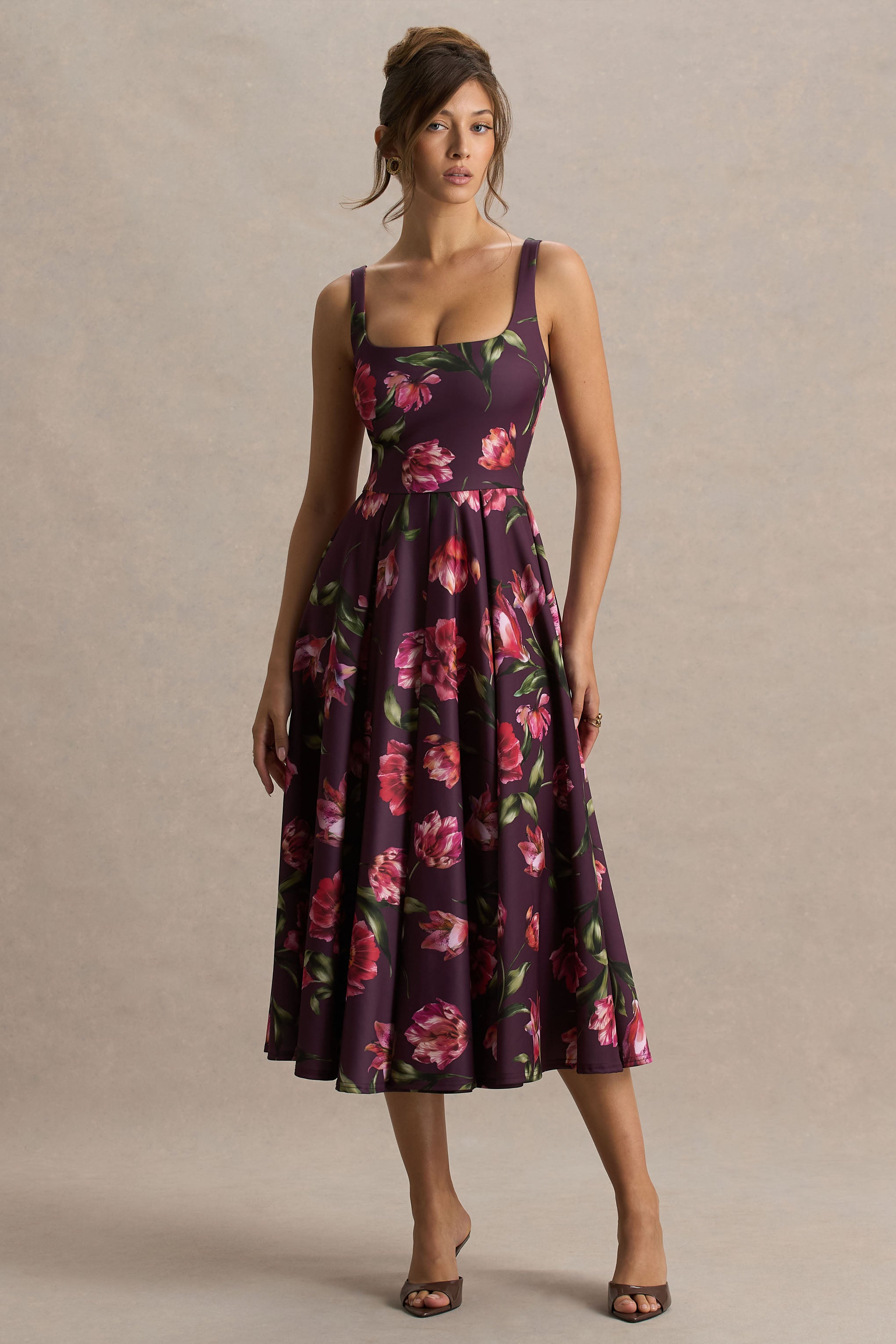 Berta | Burgundy Floral Print Square-Neck Midi Dress-Sowoom