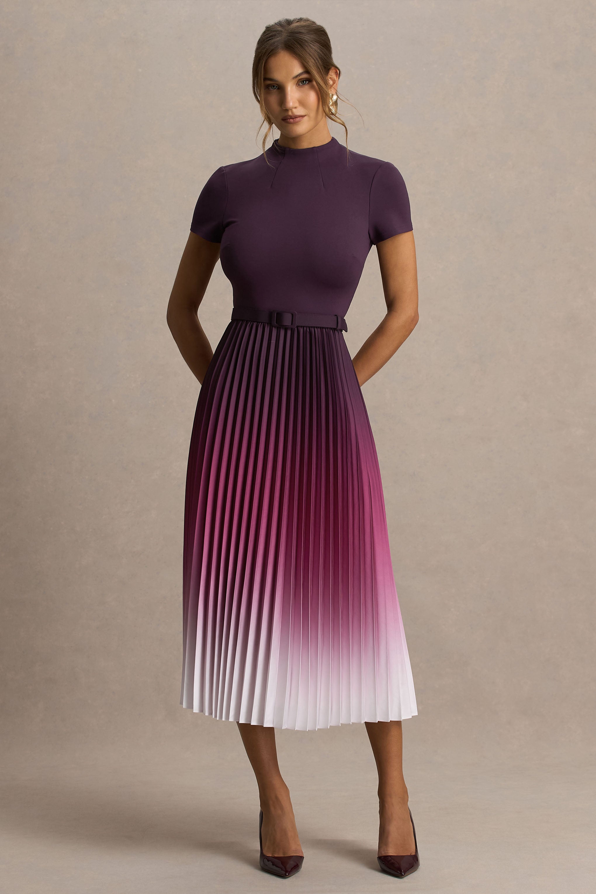Libby | Burgundy Ombre Woven High-Neck Midi Dress With Pleated Detailing-Sowoom