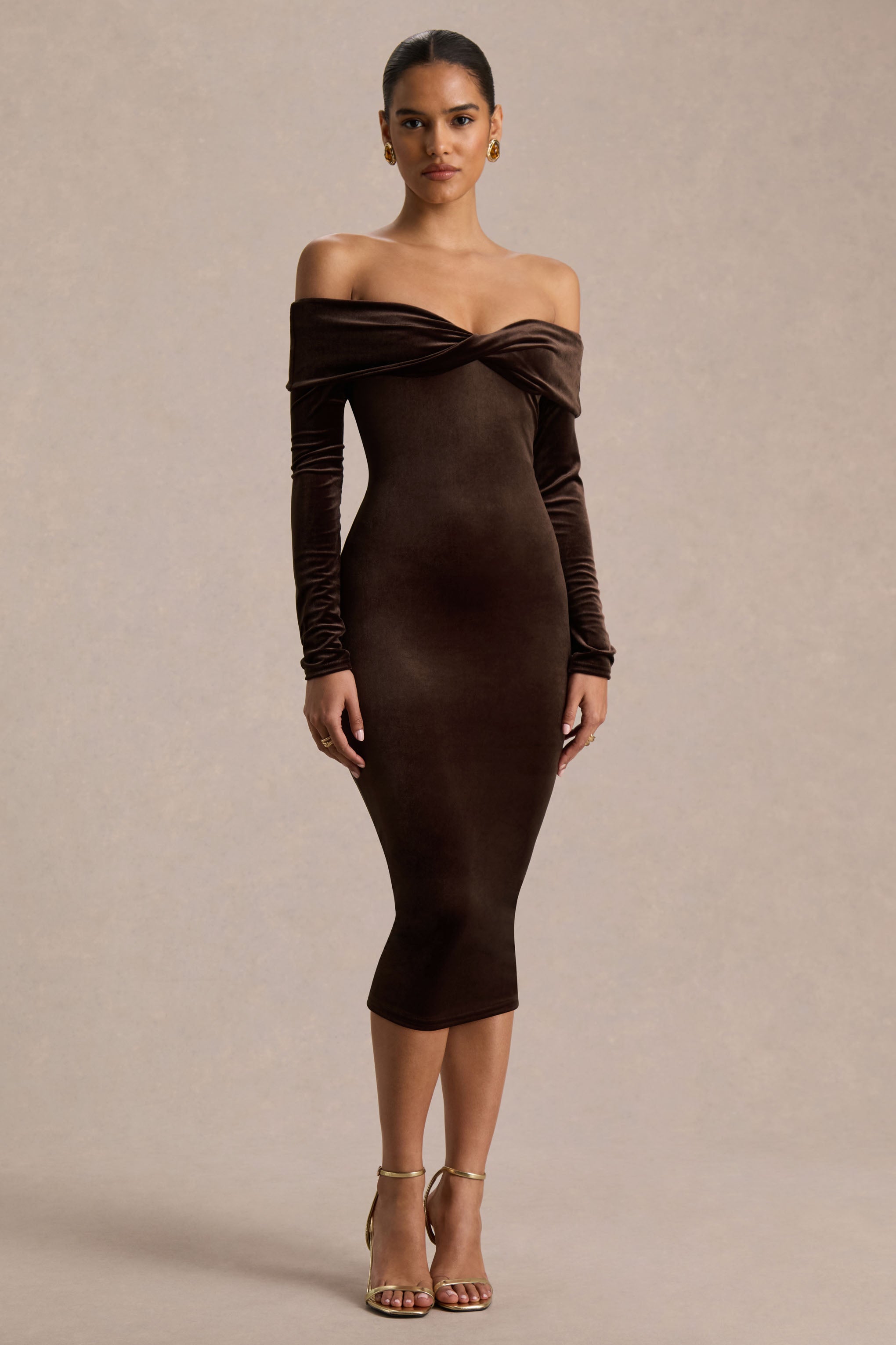 Compliment | Brown Velvet Bardot Midi Dress-Sowoom