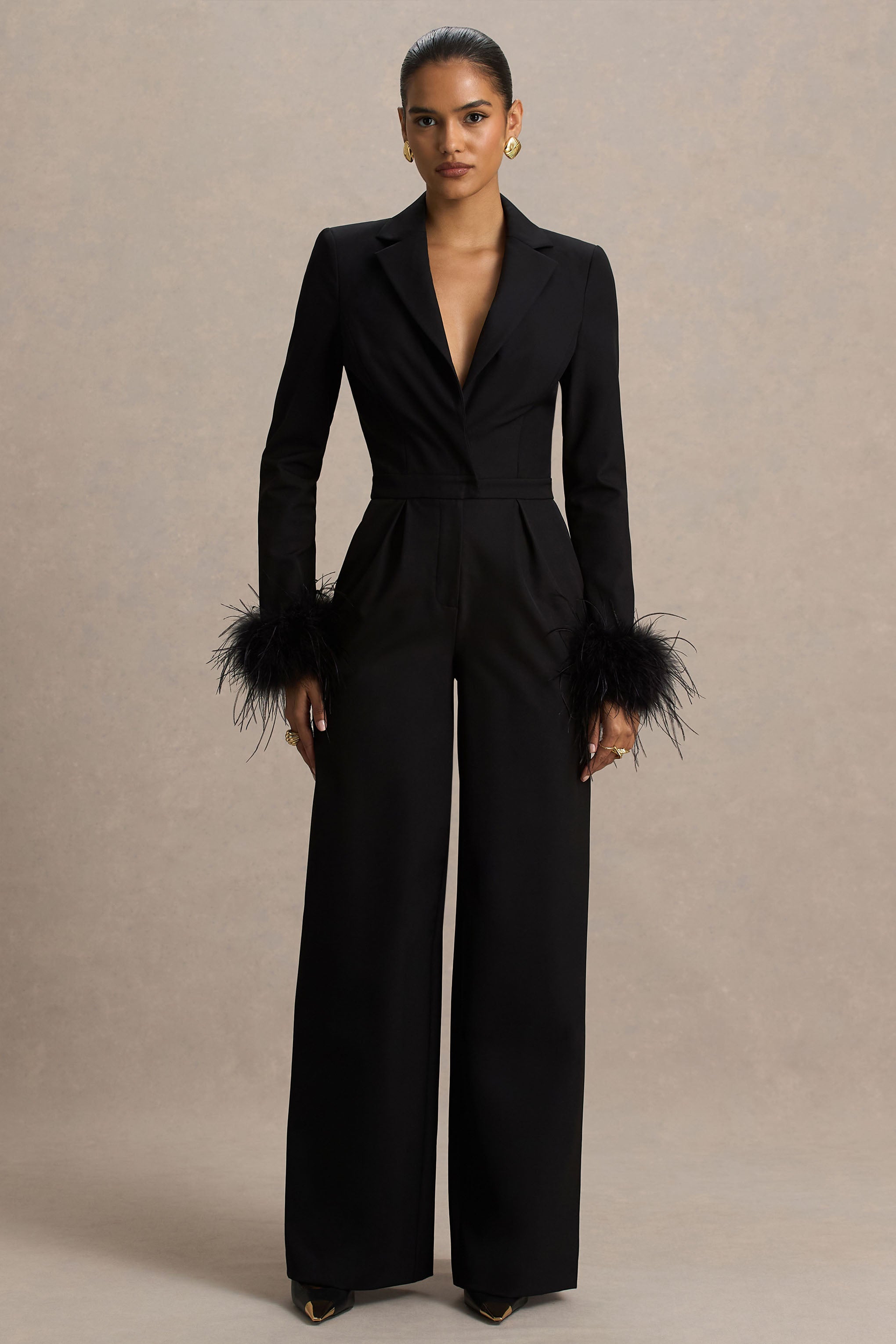 Lissy | Black Plunge-Neck Jumpsuit With Feather-Detailed Sleeves-Sowoom