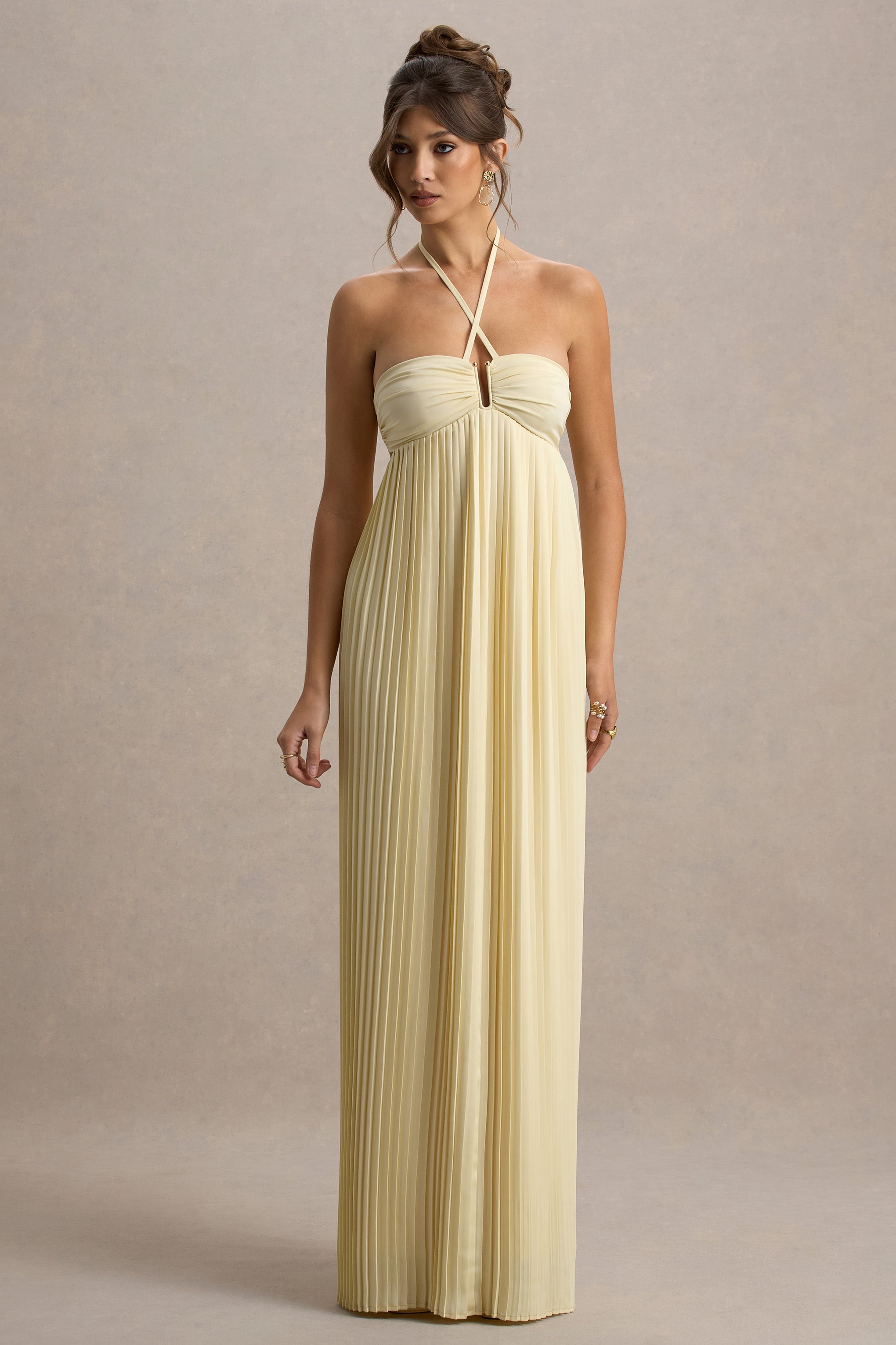 Elayne | Pale Lemon Halter-Neck Maxi Dress With Cut-Out Detail-Sowoom