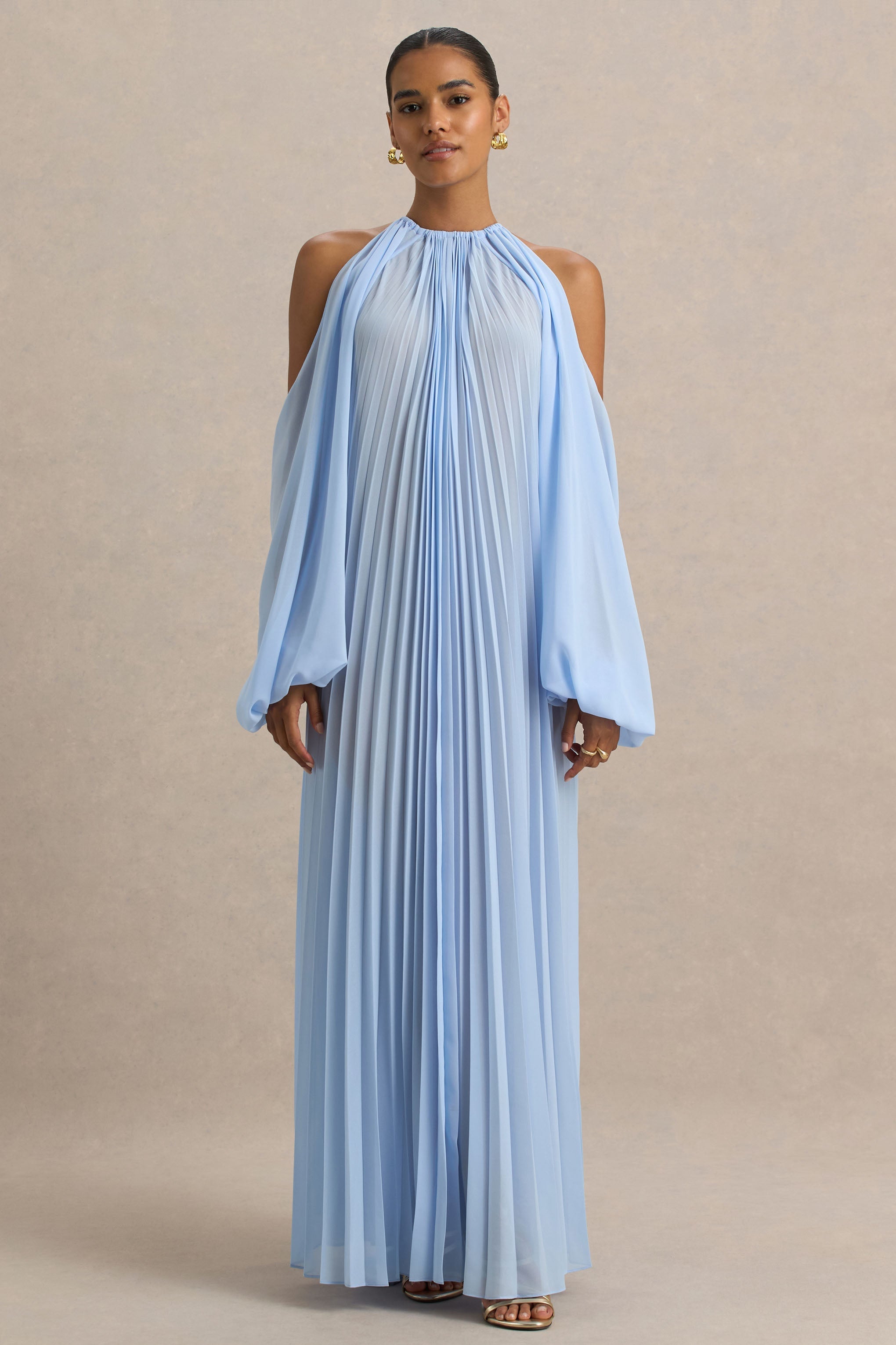 Reyna | Powder Blue Pleated Chiffon Cold-Shoulder Maxi Dress-Sowoom