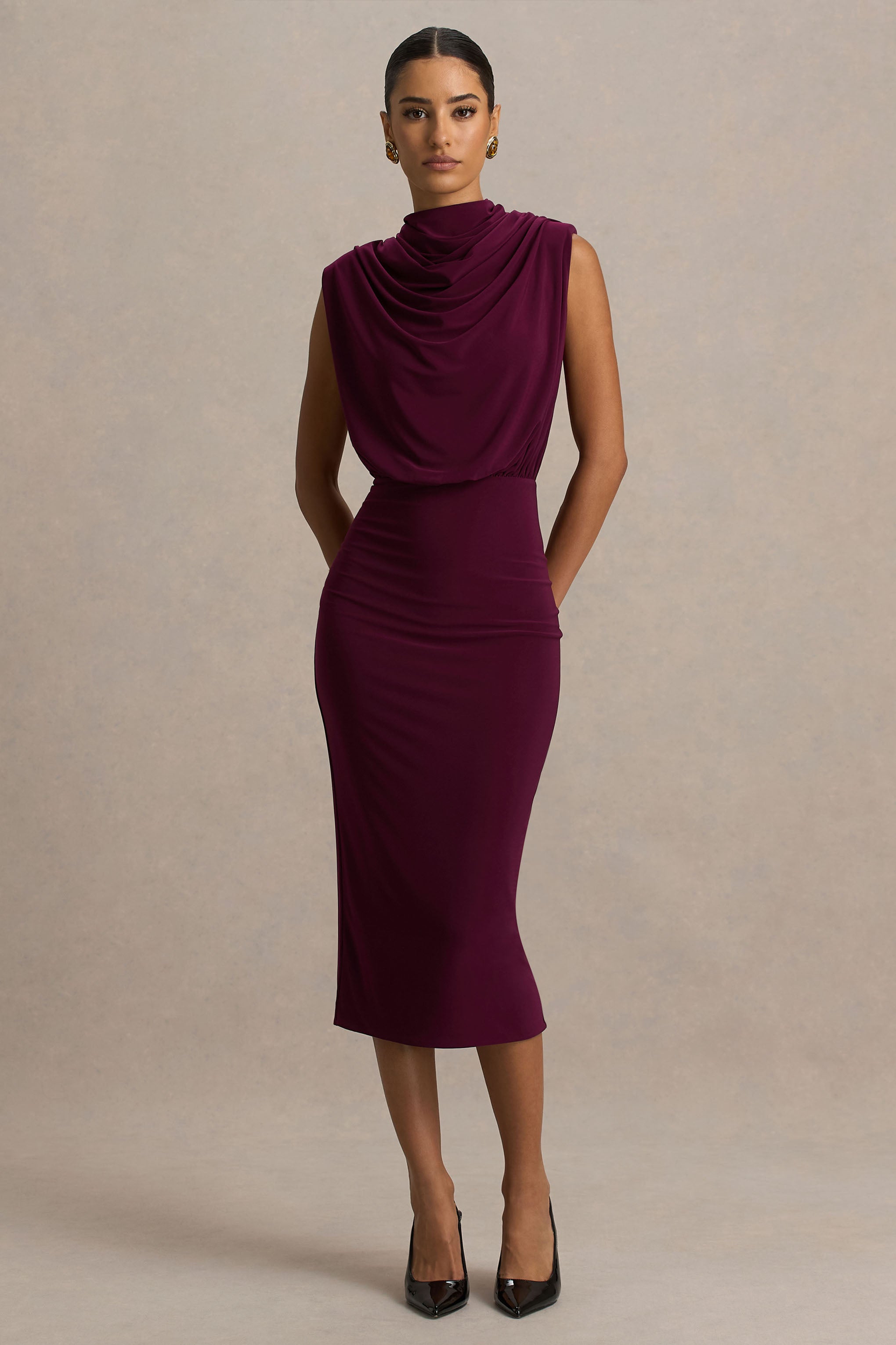 Hermia | Burgundy High-Neck Midi Dress-Sowoom