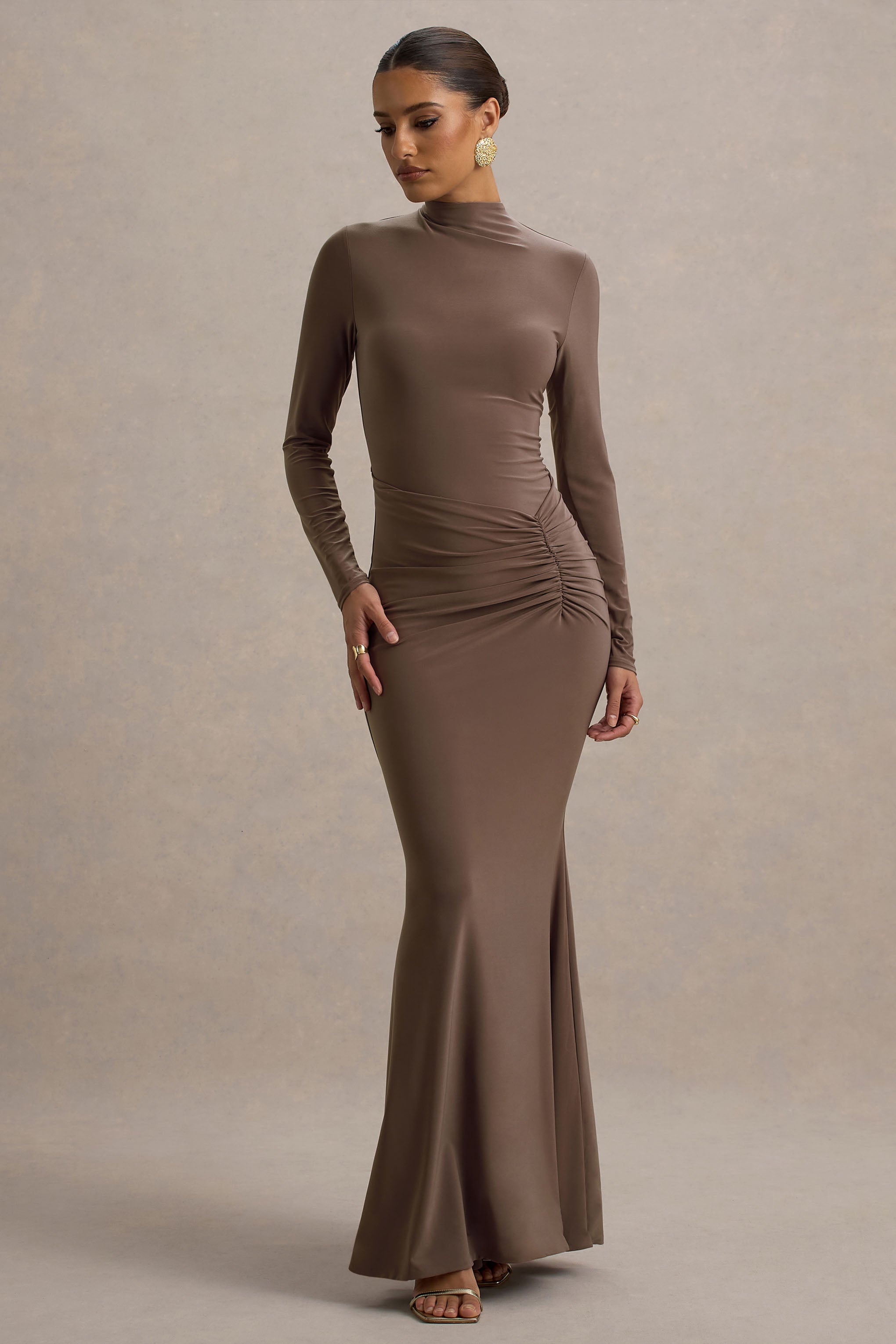 Reid | Brown Long-Sleeve Gathered Maxi Dress-Sowoom