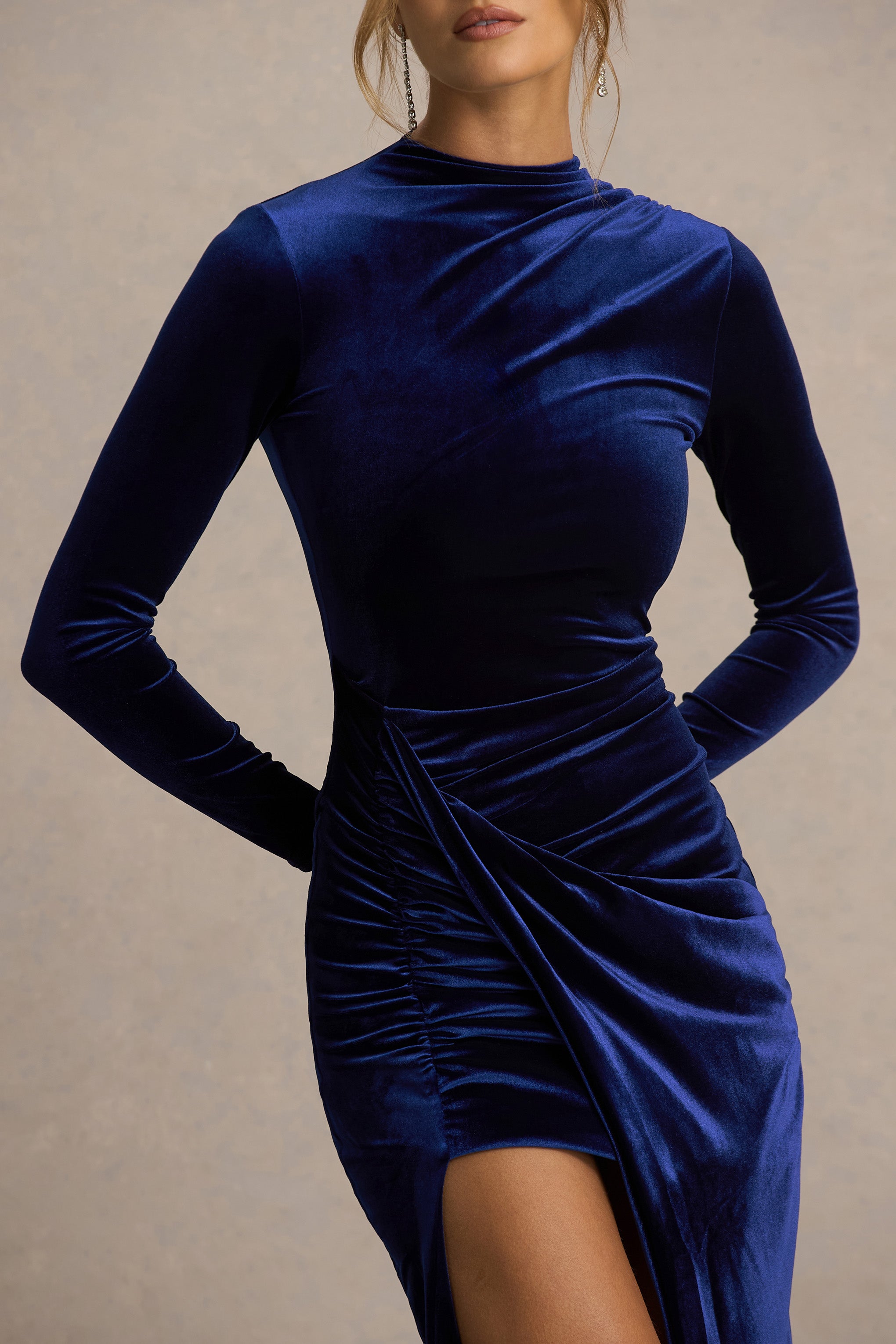 Wishes | Navy Velvet High-Neck Maxi Dress With Wrap Skirt-Sowoom
