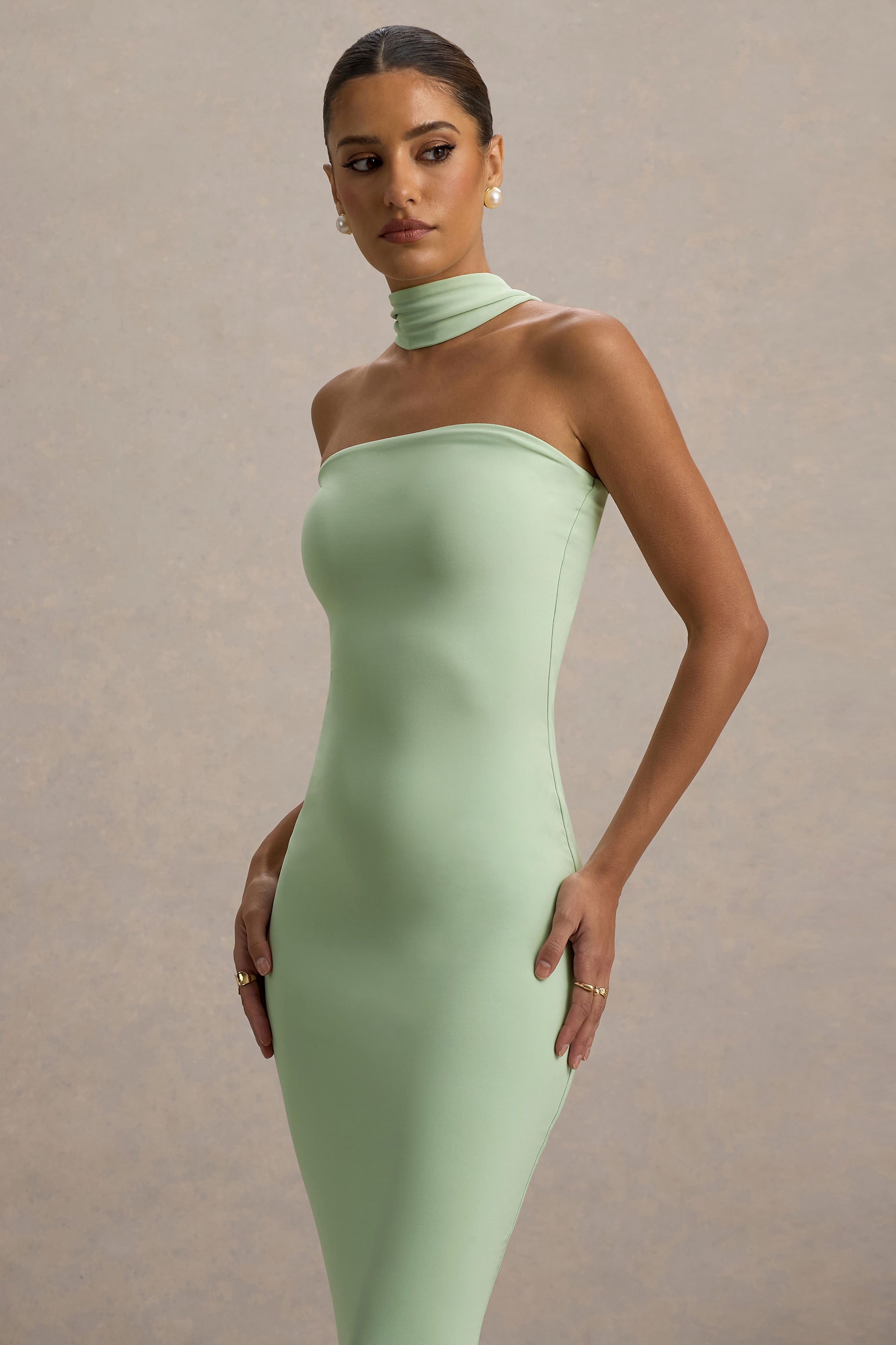 Nobu | Light Green Bandeau Maxi Dress With Halter-Collar-Sowoom