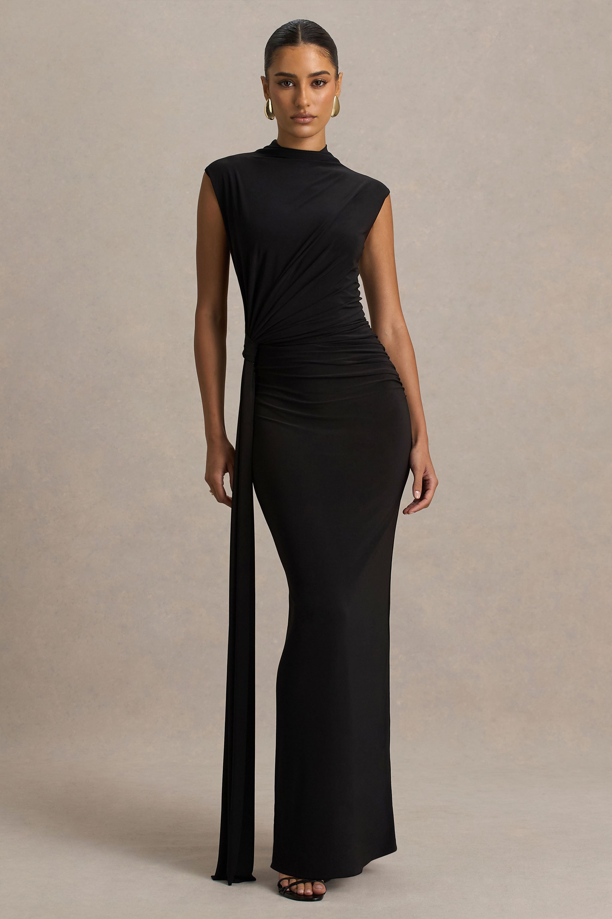 Solene | Black High-Neck Maxi Dress With Wrap And Drape Detail-Sowoom