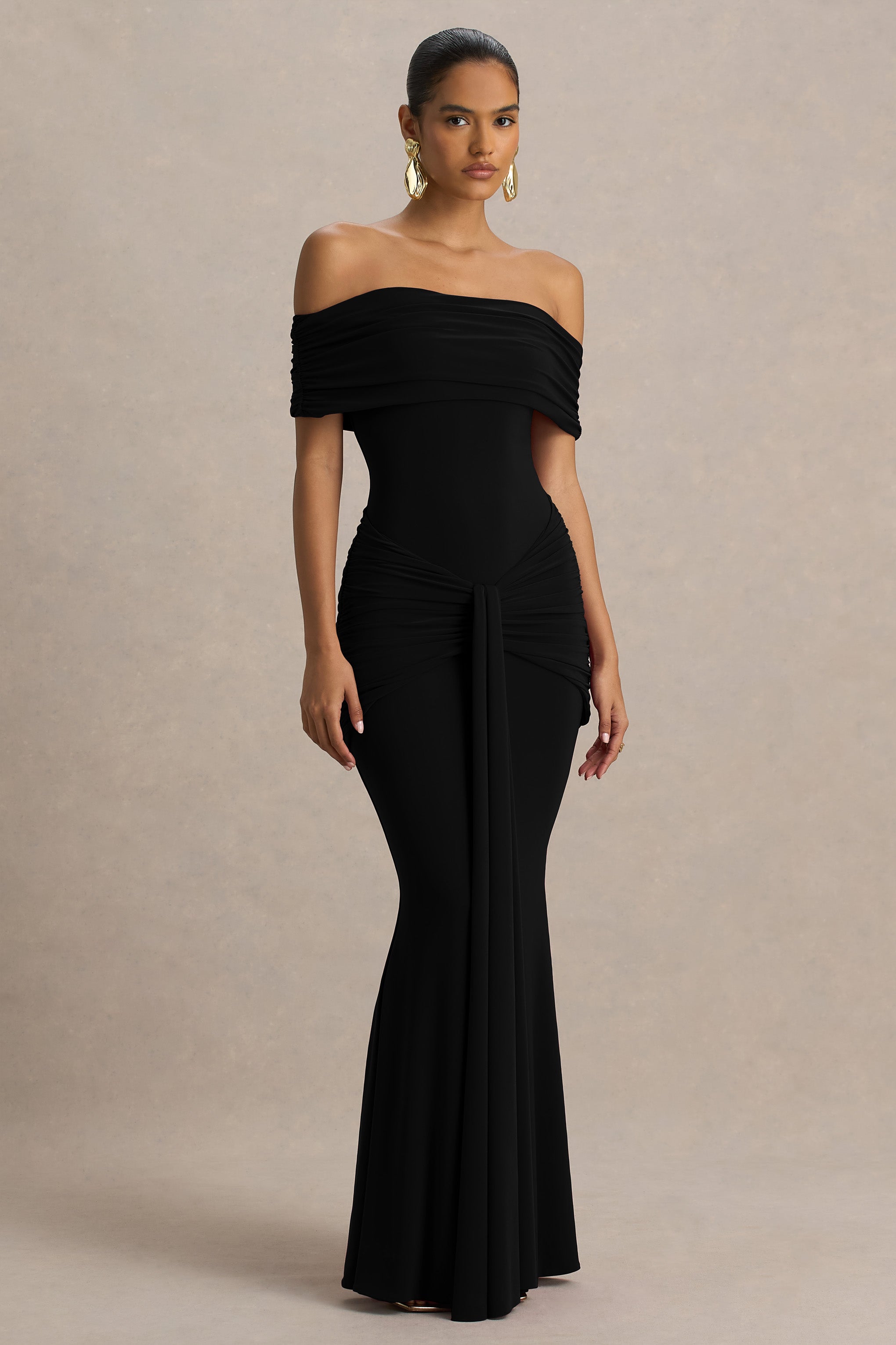 Envisioned | Black Bardot-Neck Maxi Dress With Gathered And Drape Detail-Sowoom
