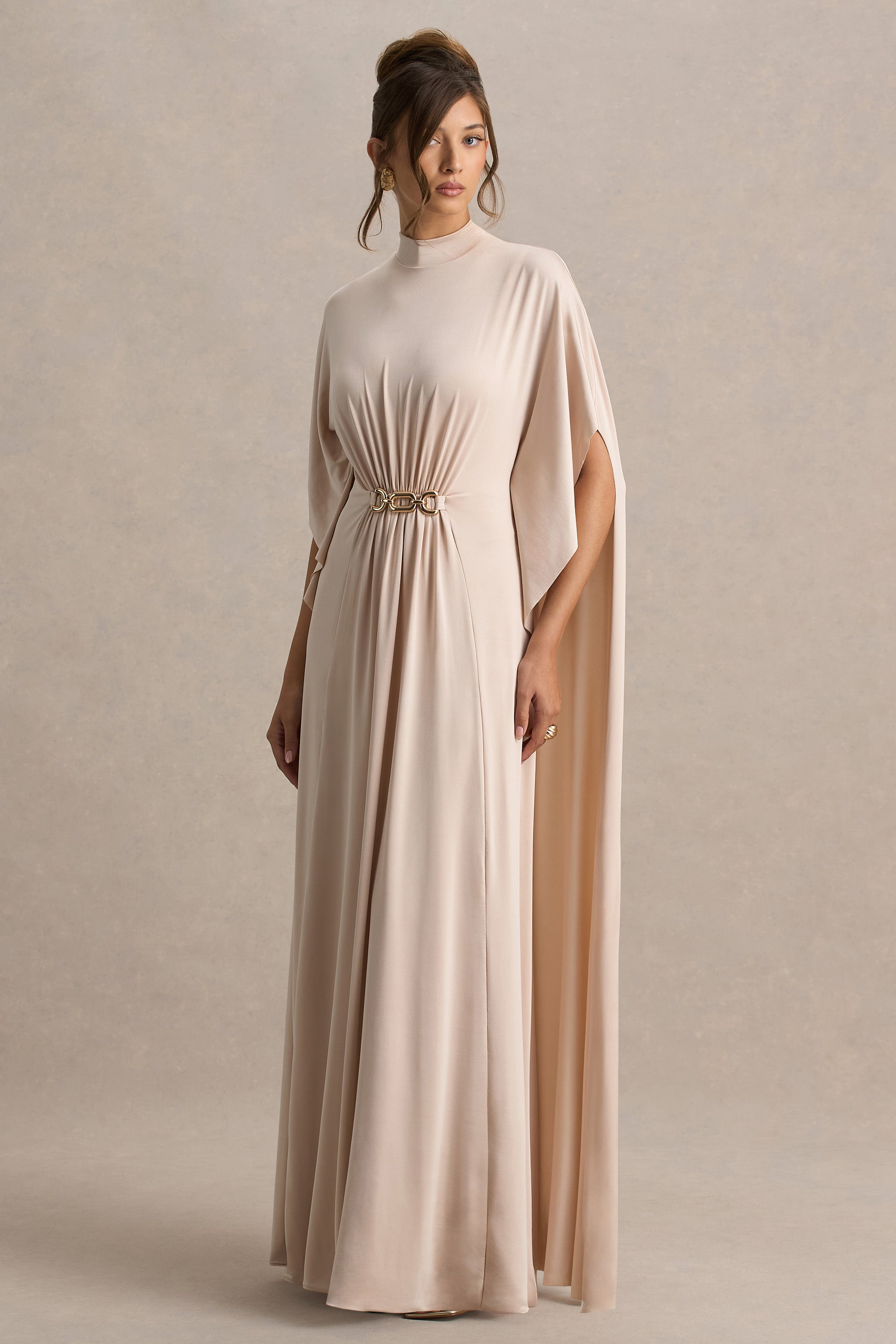 Olessia | Champagne Belted Gathered Cape-Sleeve Maxi Dress-Sowoom