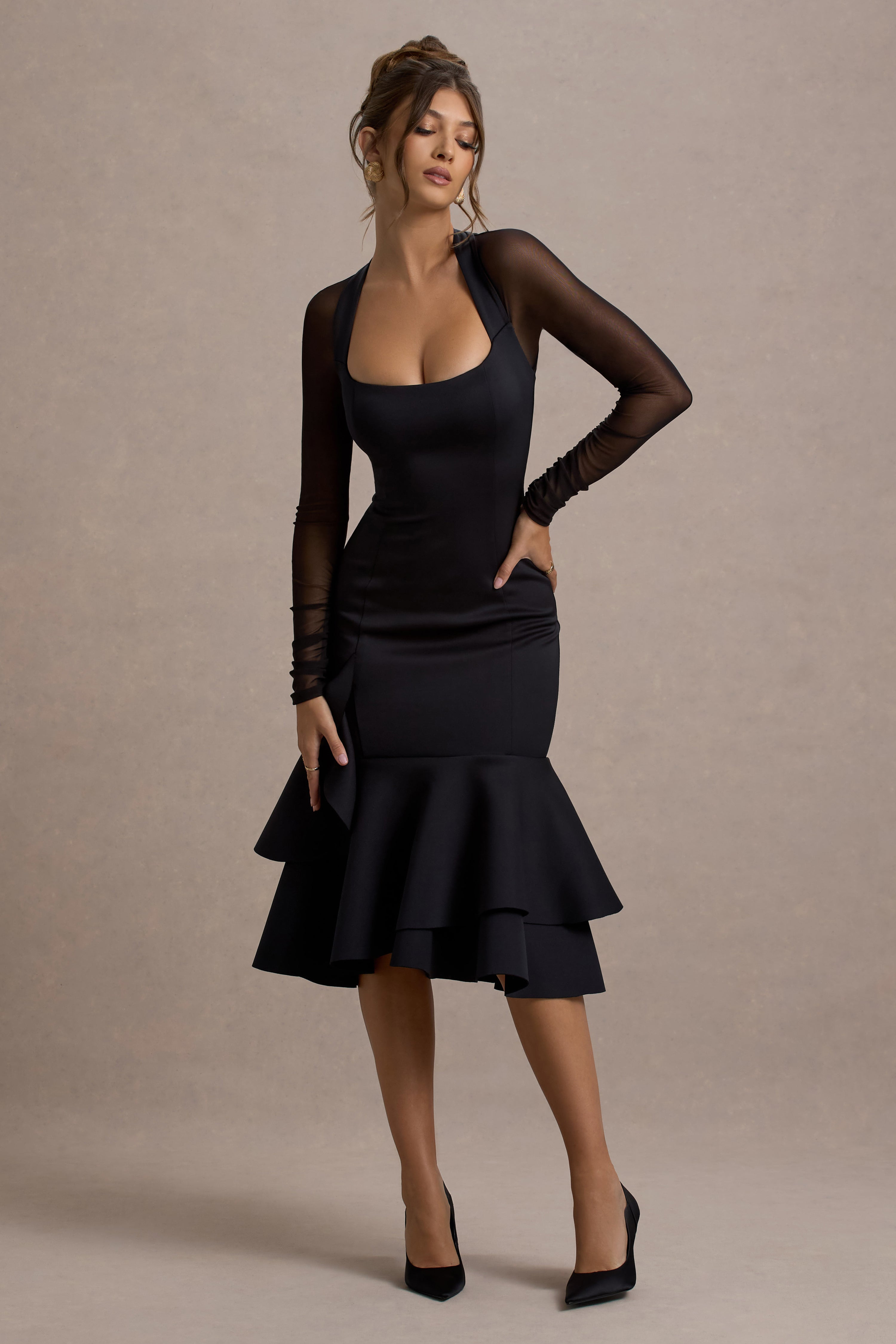 Sander | Black Mesh Long-Sleeve Ruffle-Hem Midi Dress-Sowoom