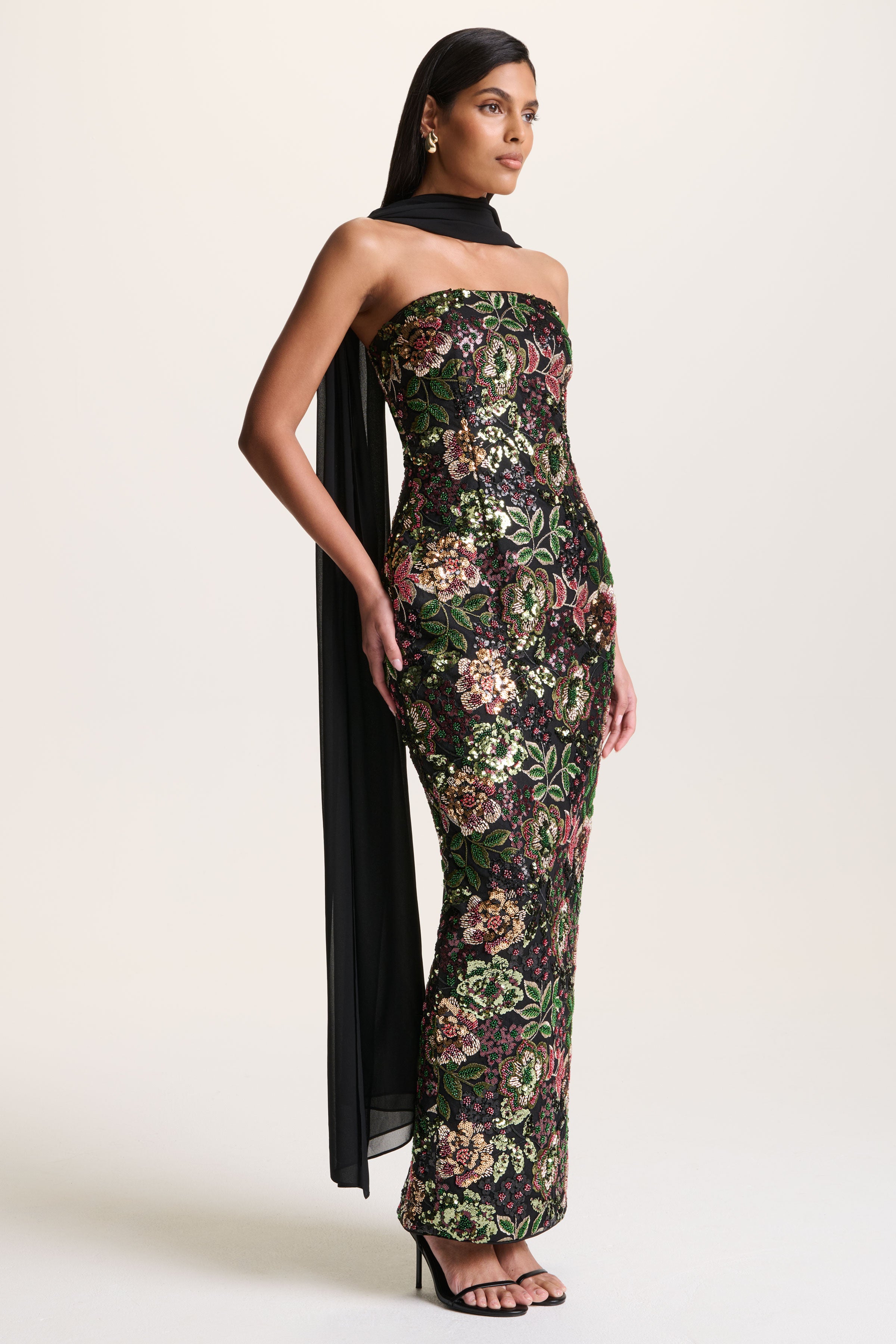 Cora | Winter Floral Embellished Mesh Bandeau Maxi Dress With Scarf-Sowoom
