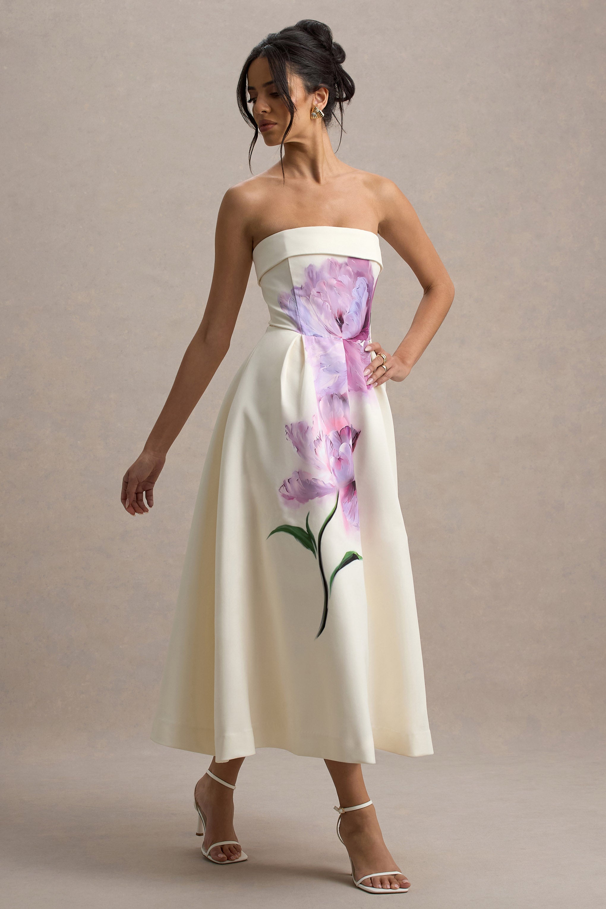 Annalise | Peony Floral Print Bandeau Skater Midi Dress-Sowoom