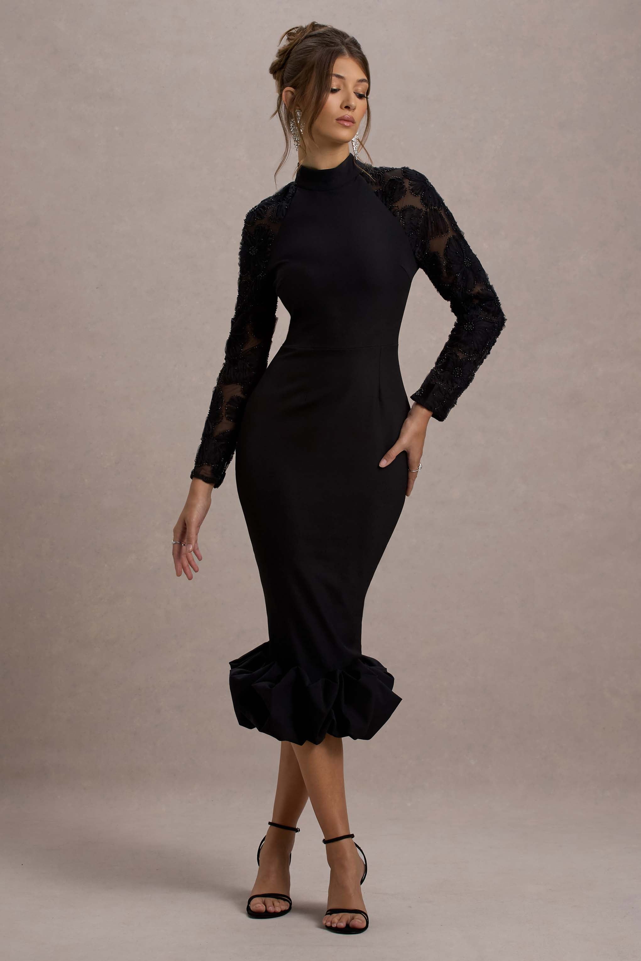Chandra | Black Mesh Long-Sleeve Midi Dress With Ruffle Hem-Sowoom