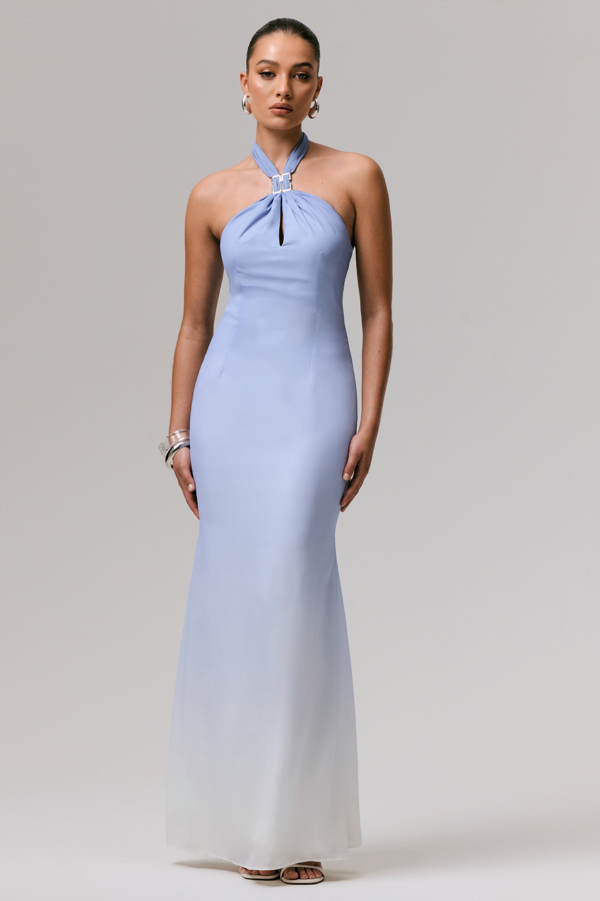 Sharni | Blue Ombre Chiffon Halter-Neck Maxi Dress-Sowoom