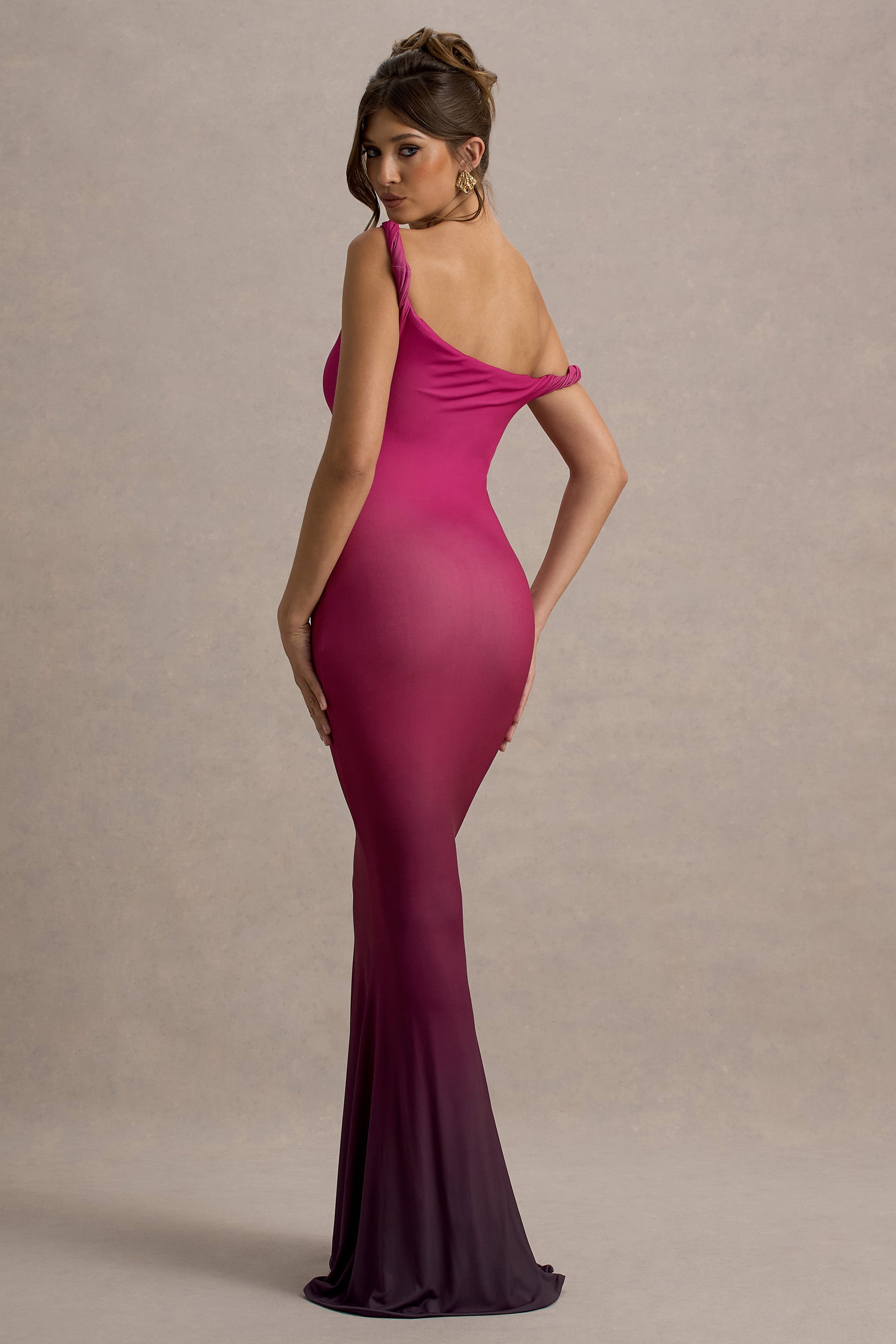 Exotic | Berry Ombre Twisted Asymmetric Maxi Dress-Sowoom