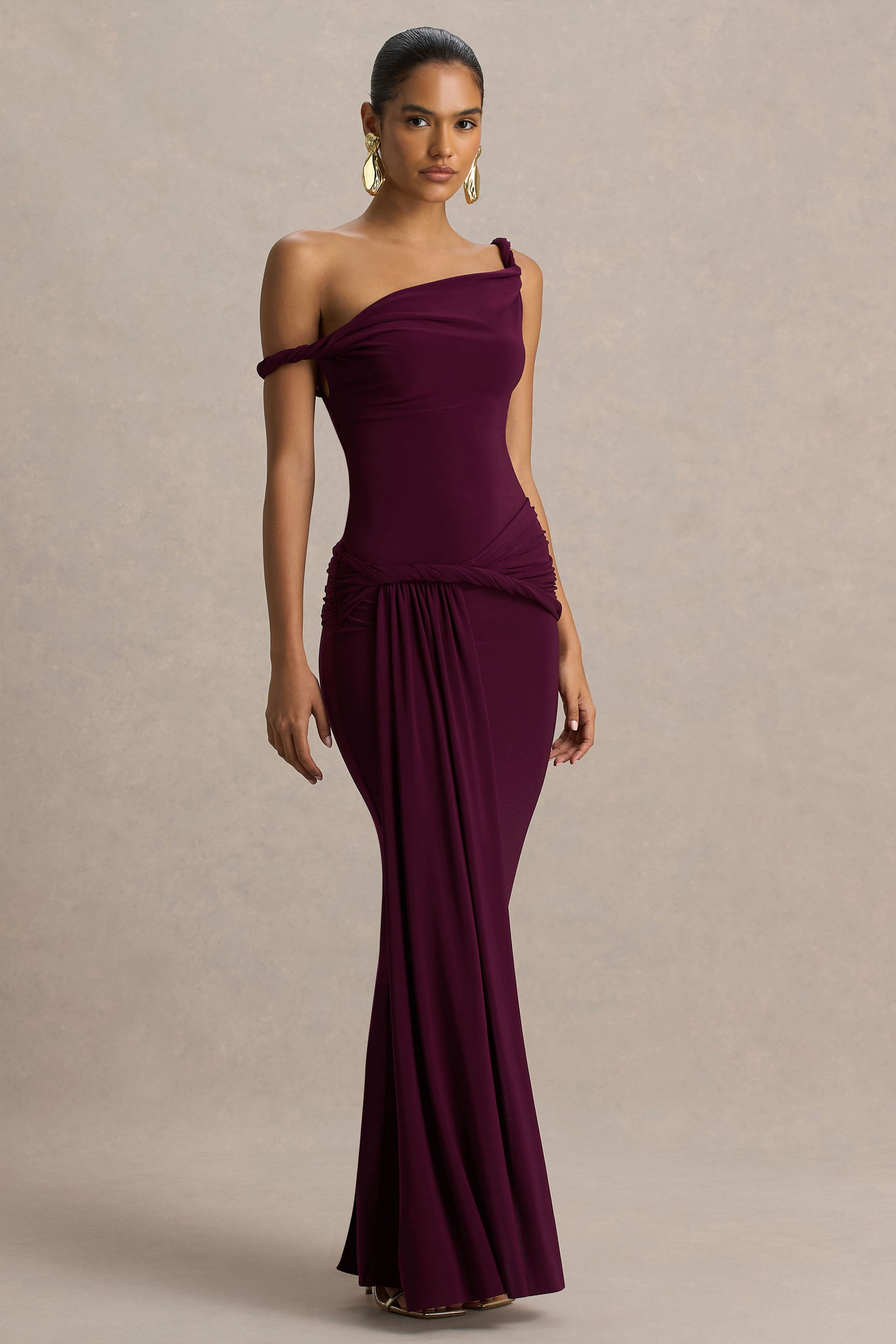 Tulisa | Burgundy Asymmetric-Neck Maxi Dress With Twist Sleeves And Ruched Detailing-Sowoom