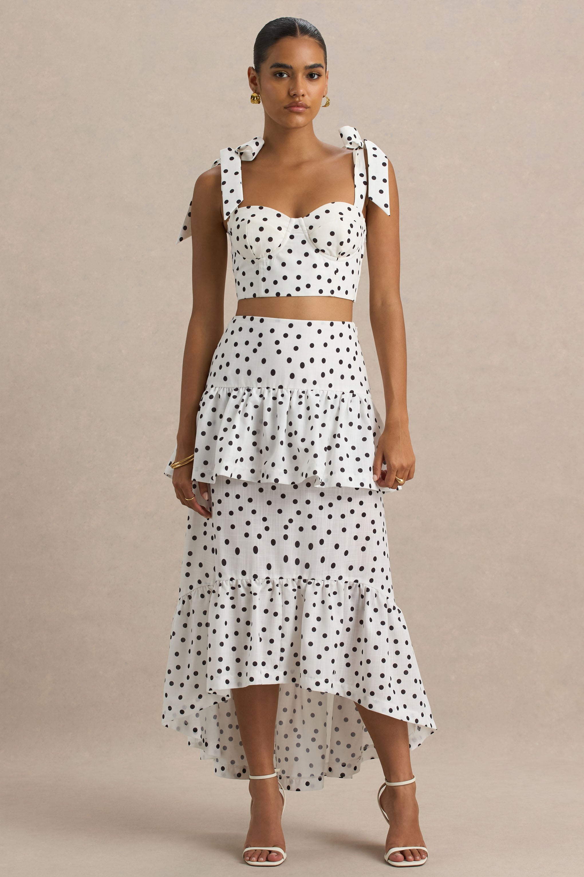 Emry | White Polka Dot High-Waist Maxi Skirt With Ruffle Detail-Sowoom