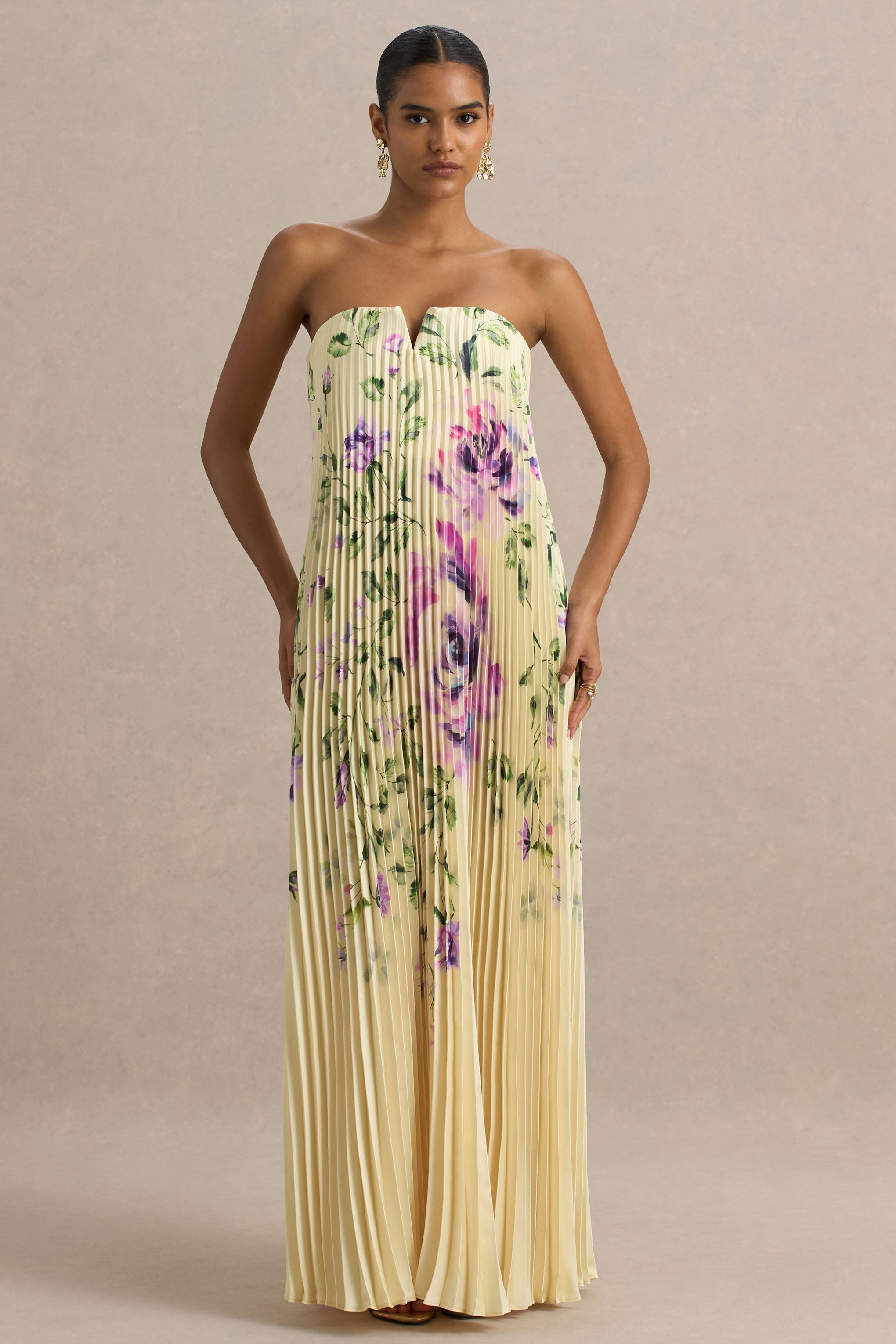 Bergamot | Lemon Rose Print Satin Sweetheart Maxi Dress-Sowoom