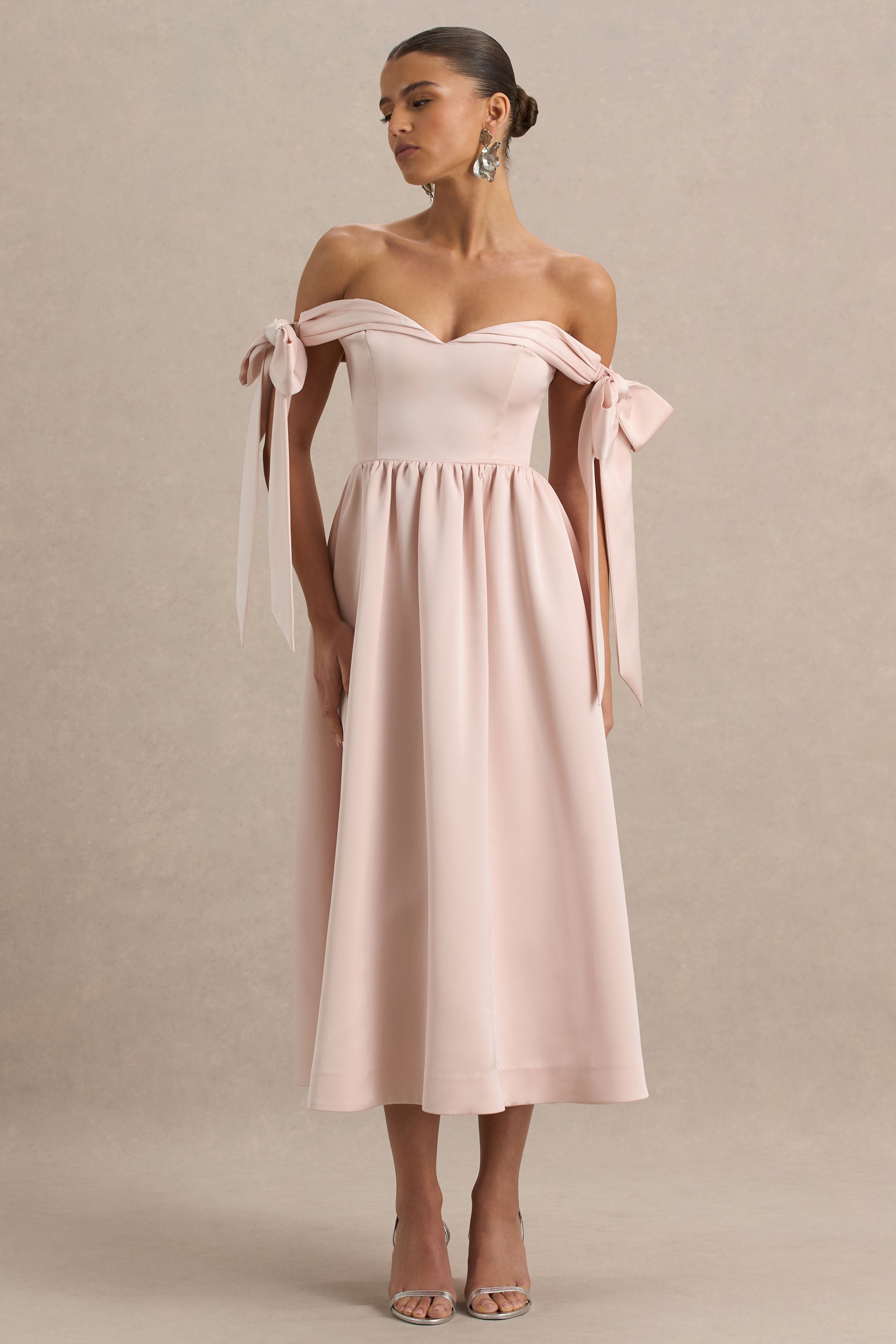 Agafay | Rose Pink Satin Short-Sleeve Bardot Wrap Midi Dress With Bow Detail-Sowoom