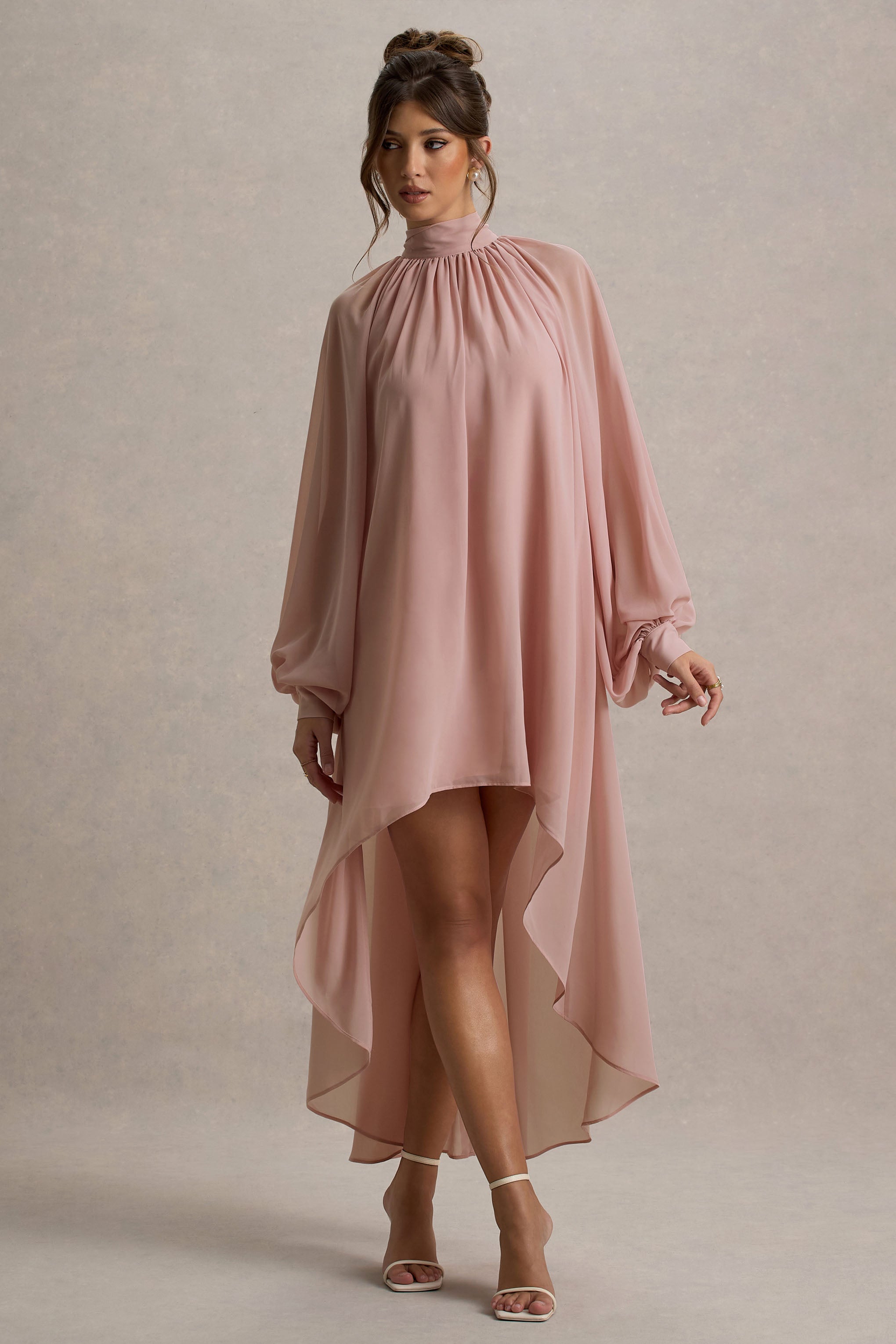 Delphia | Pale Pink High-Neck Maxi Dress With High-Low Hem-Sowoom