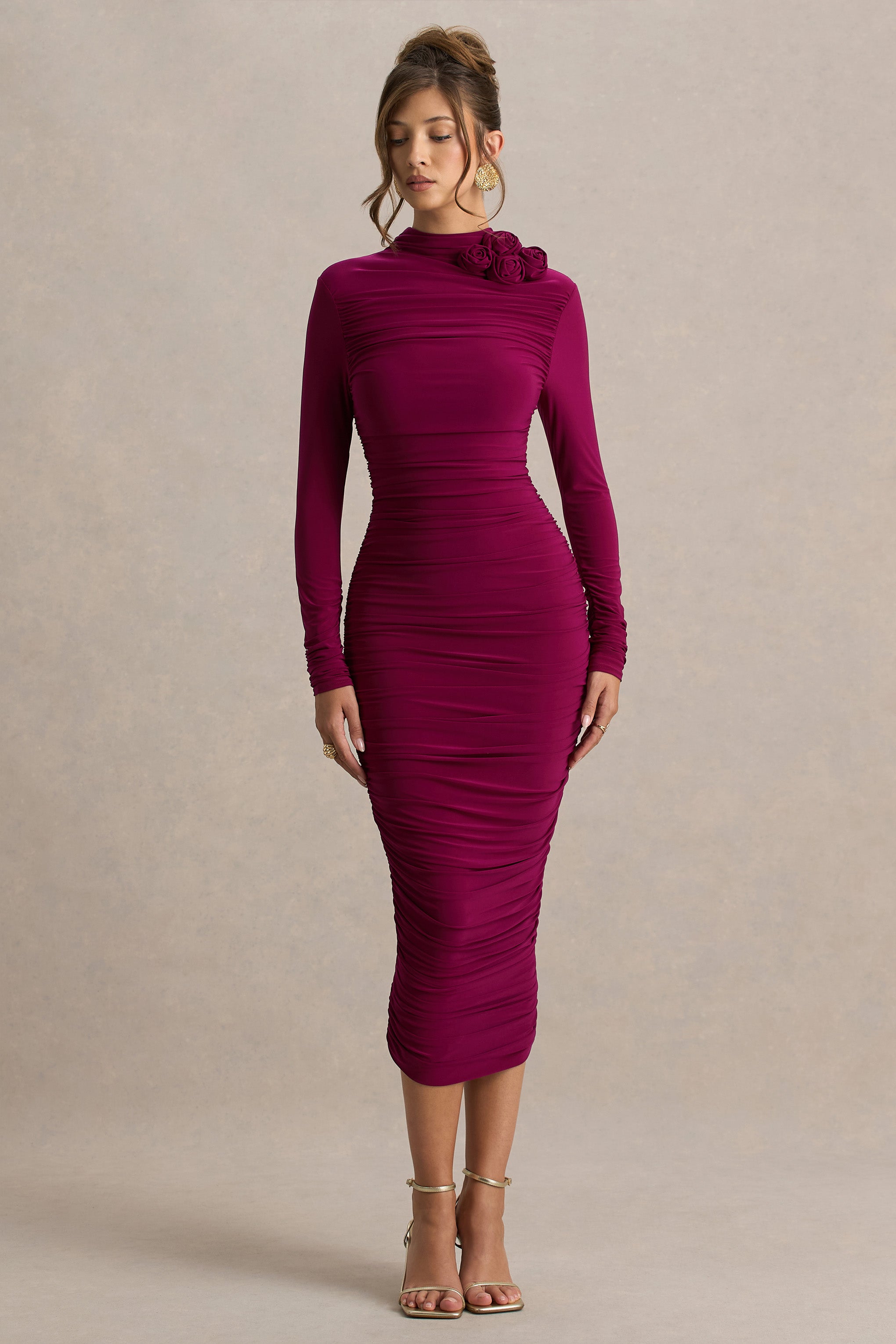 Tamara | Burgundy Long-Sleeve Ruched Midi Dress-Sowoom