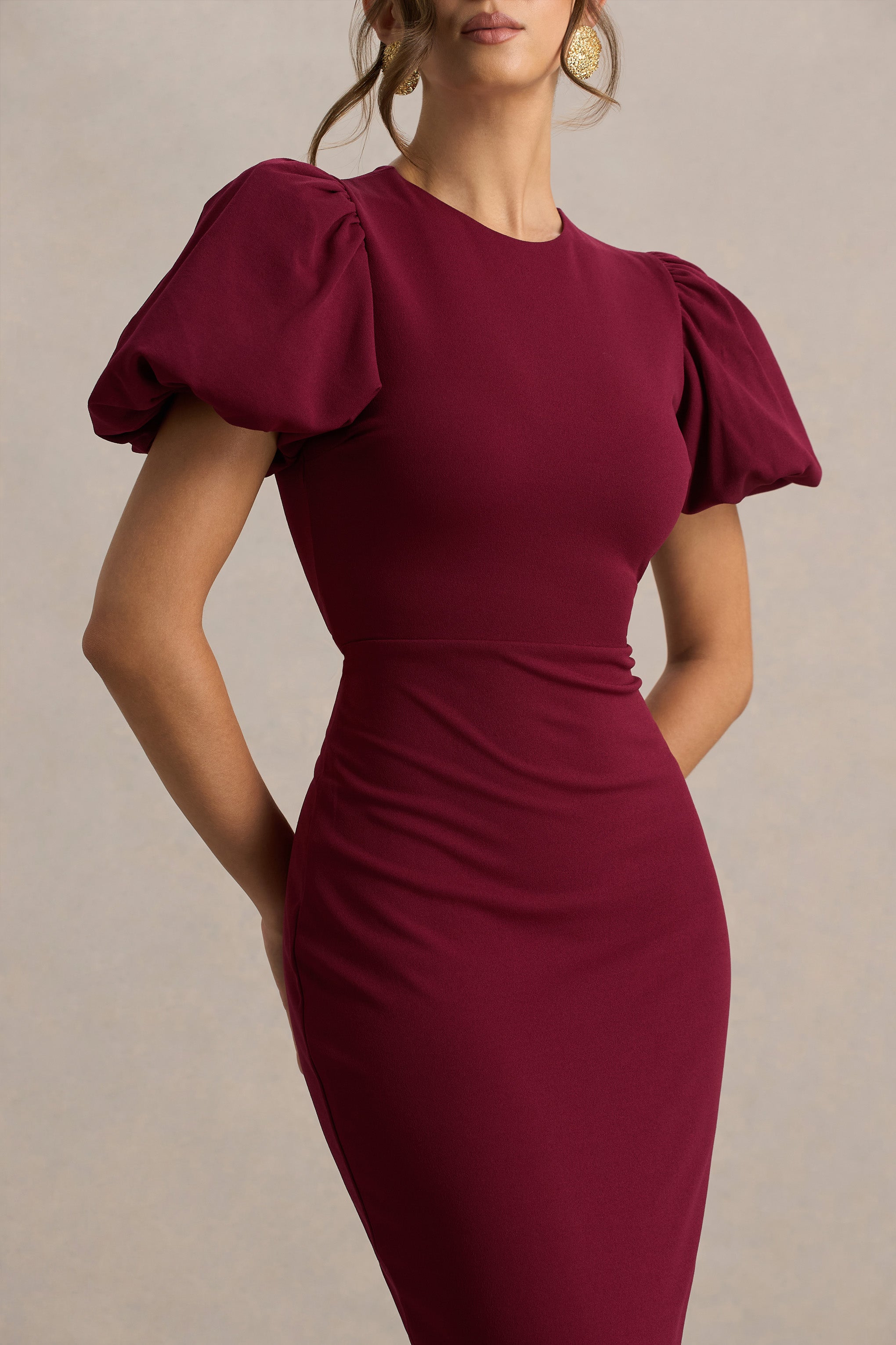 Dakota | Burgundy Puff-Sleeve Midi Dress-Sowoom